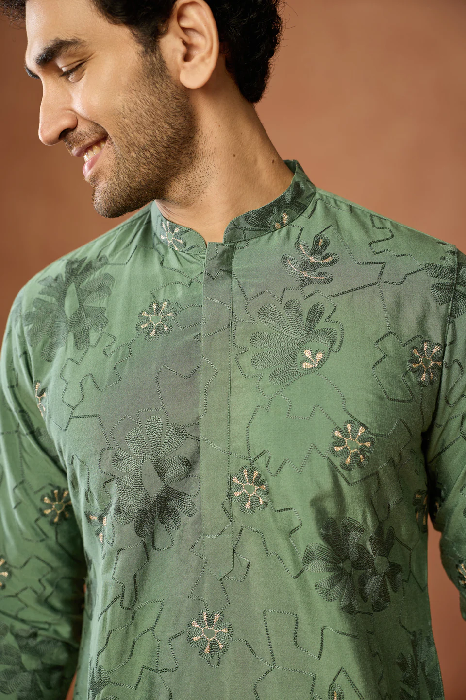 Green Floral Embroidered Silk Kurta - Image 5