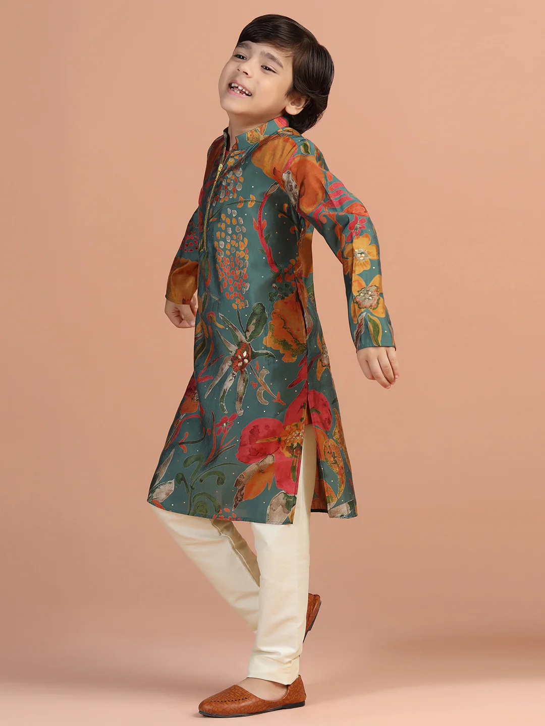 Green Floral Print Kids Kurta - Image 2