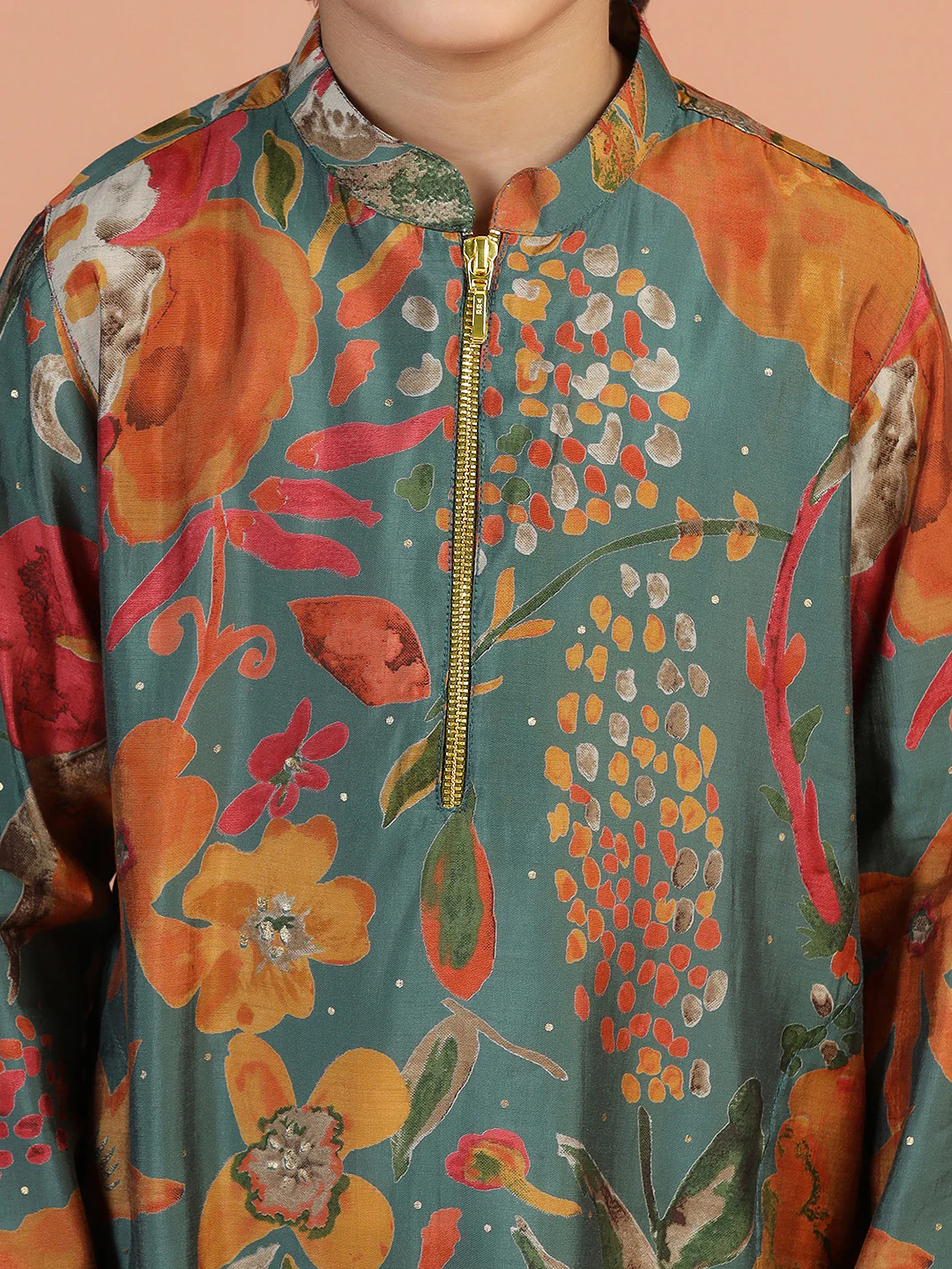 Green Floral Print Kids Kurta - Image 5