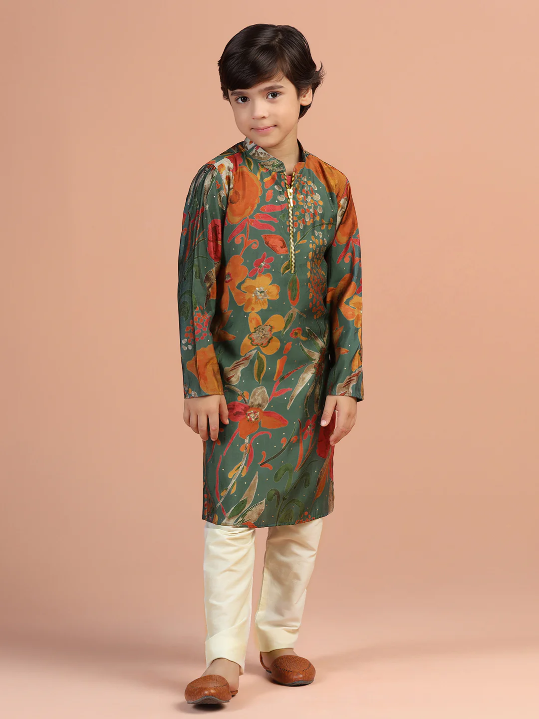 Green Floral Print Kids Kurta - Image 6