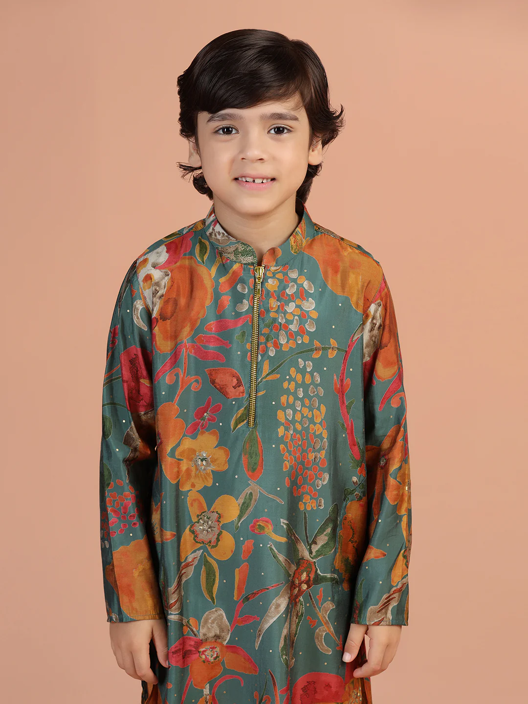 Green Floral Print Kids Kurta - Image 7