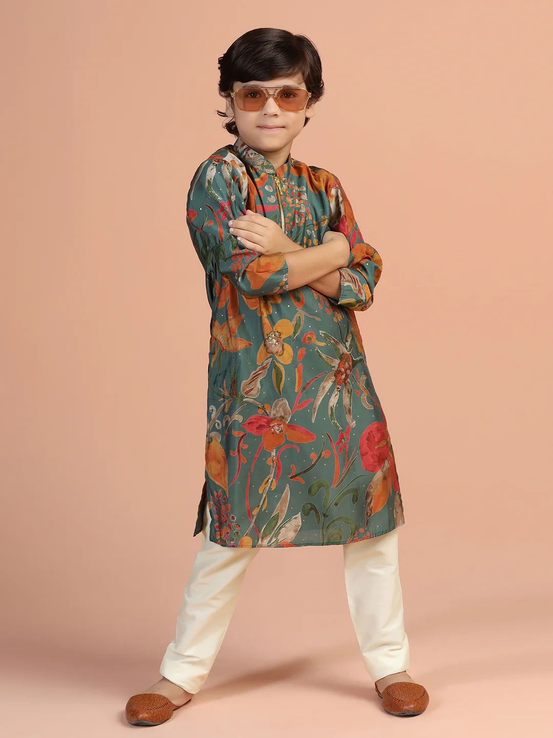 Green Floral Print Kids Kurta Set