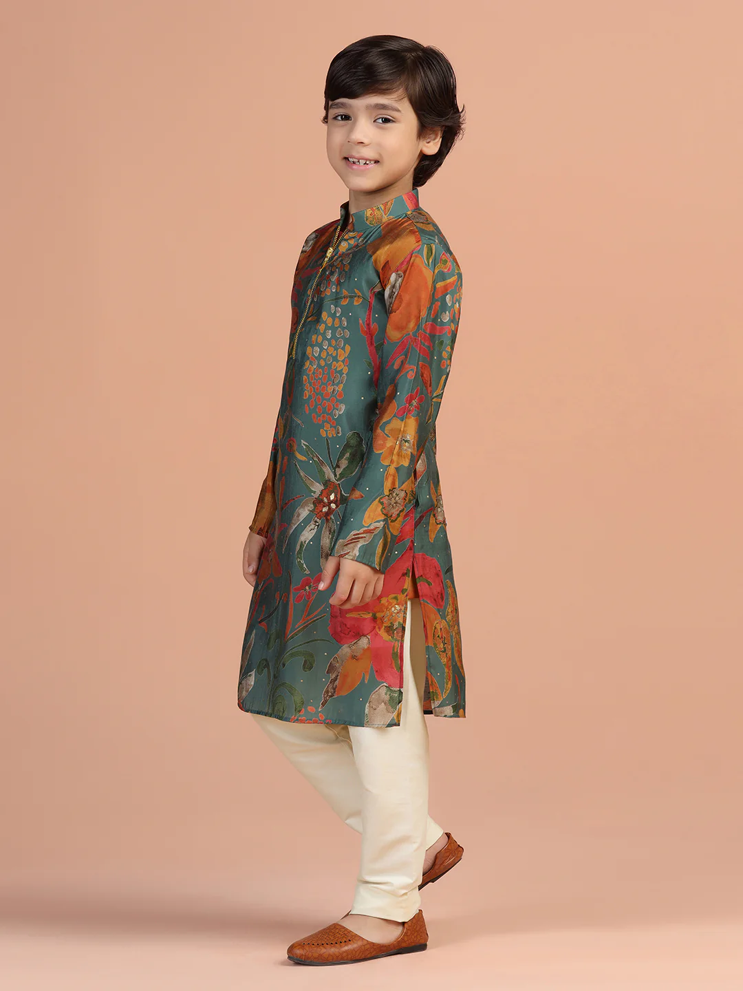 Green Floral Print Kids Kurta Set - Image 8