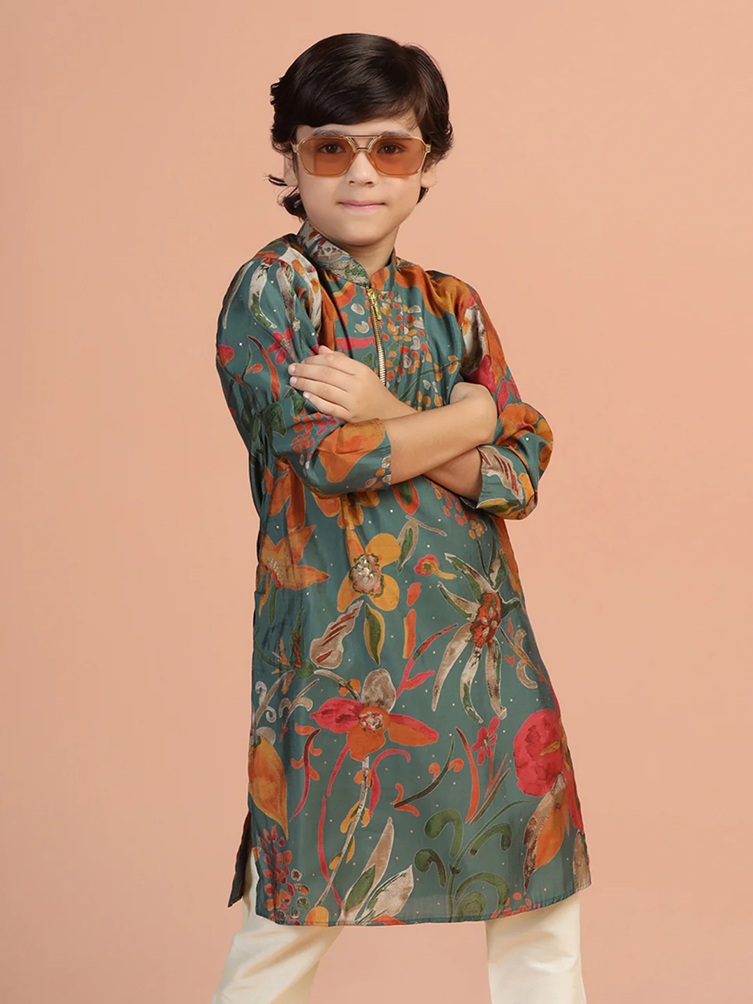 Green Floral Print Kids Kurta Set - Image 9