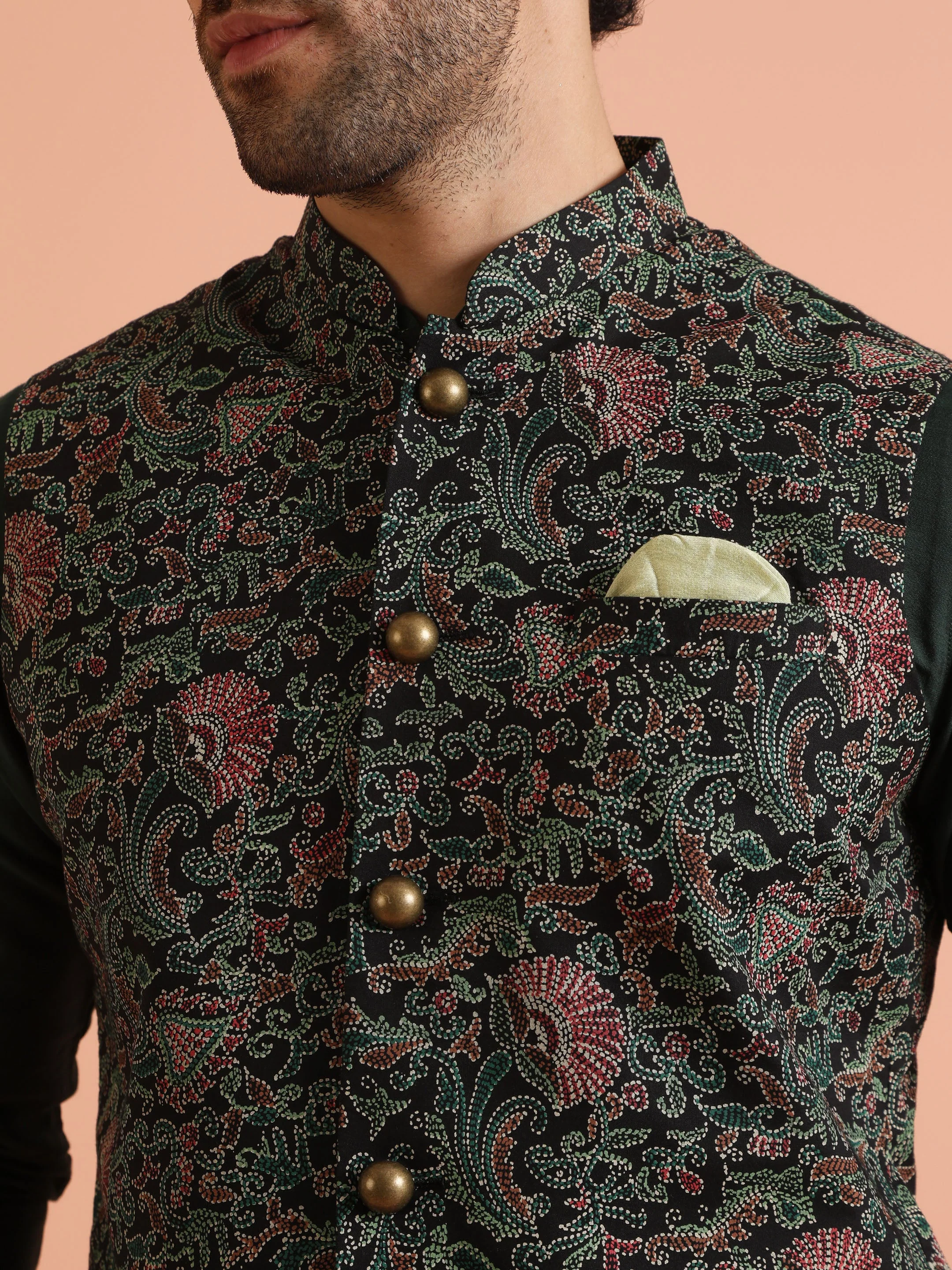 Green Multi Kantha Print Jacket Kurta Trouser Set - Image 6