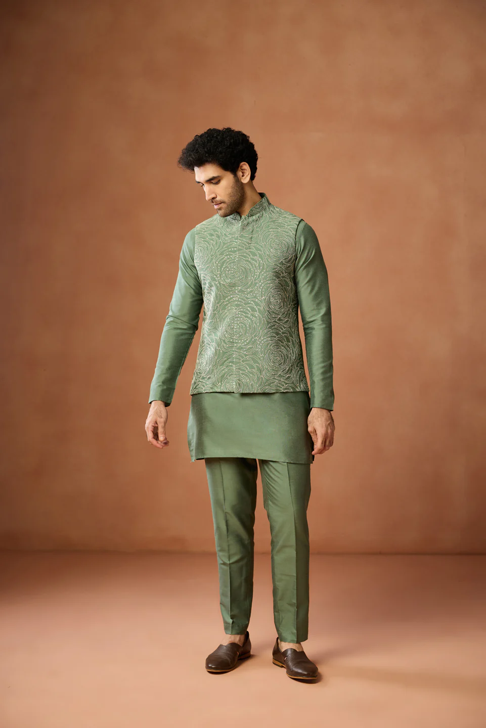 Green Nehru Jacket â€“ Silk Blend with Geometric Dotted Embroidery â€“ Festive & Wedding Bundi - Image 6