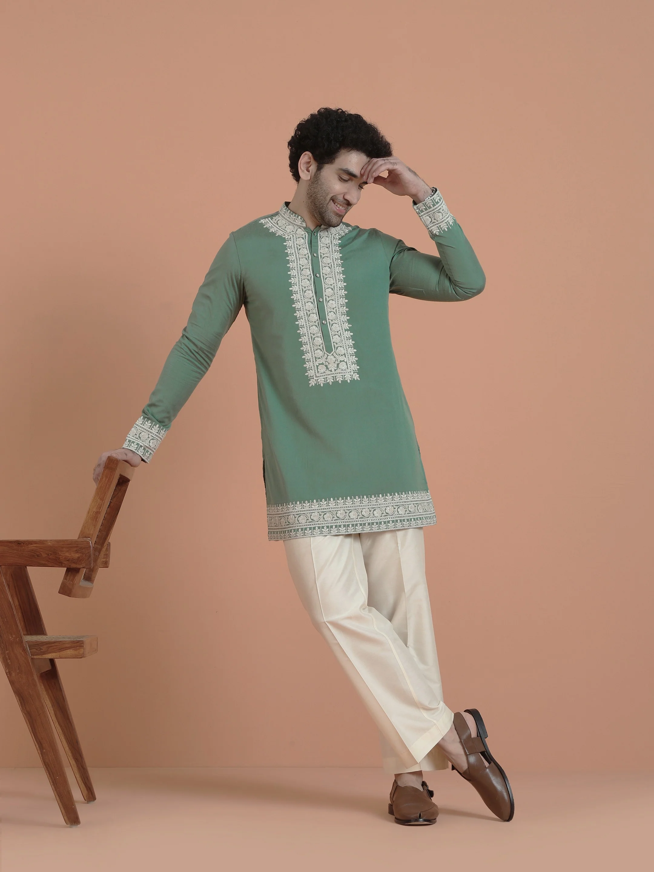 Green Silk Blend Embroidered Kurta Wide Trouser Set