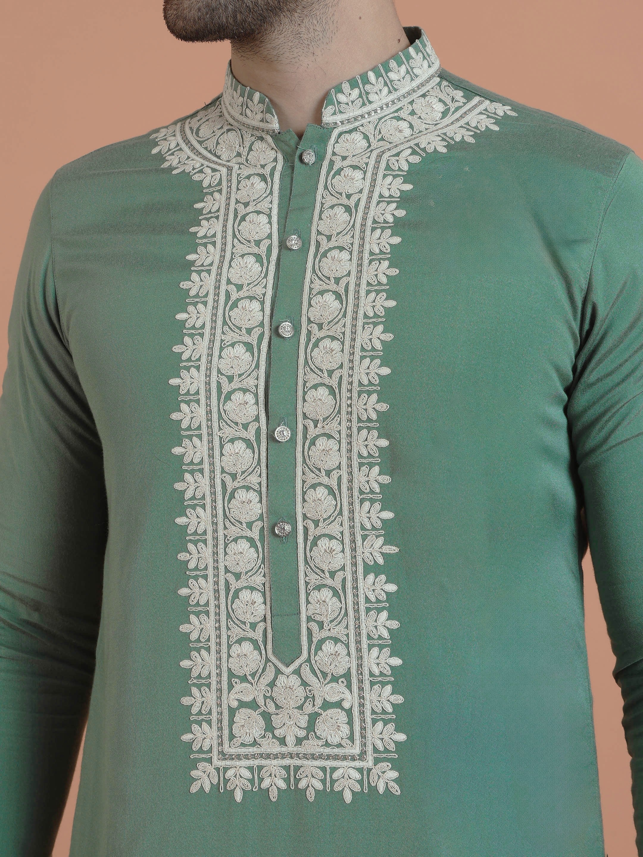 Green Silk Blend Embroidered Kurta Wide Trouser Set - Image 5