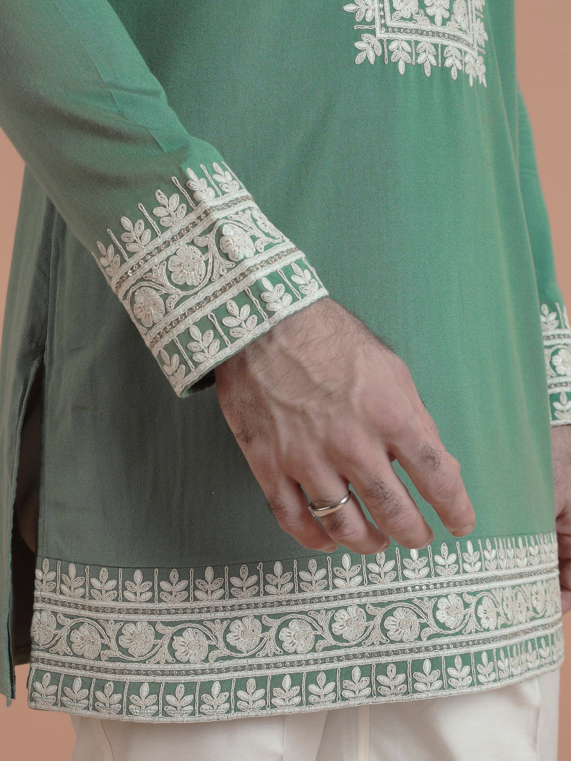Green Silk Blend Embroidered Kurta Wide Trouser Set - Image 6