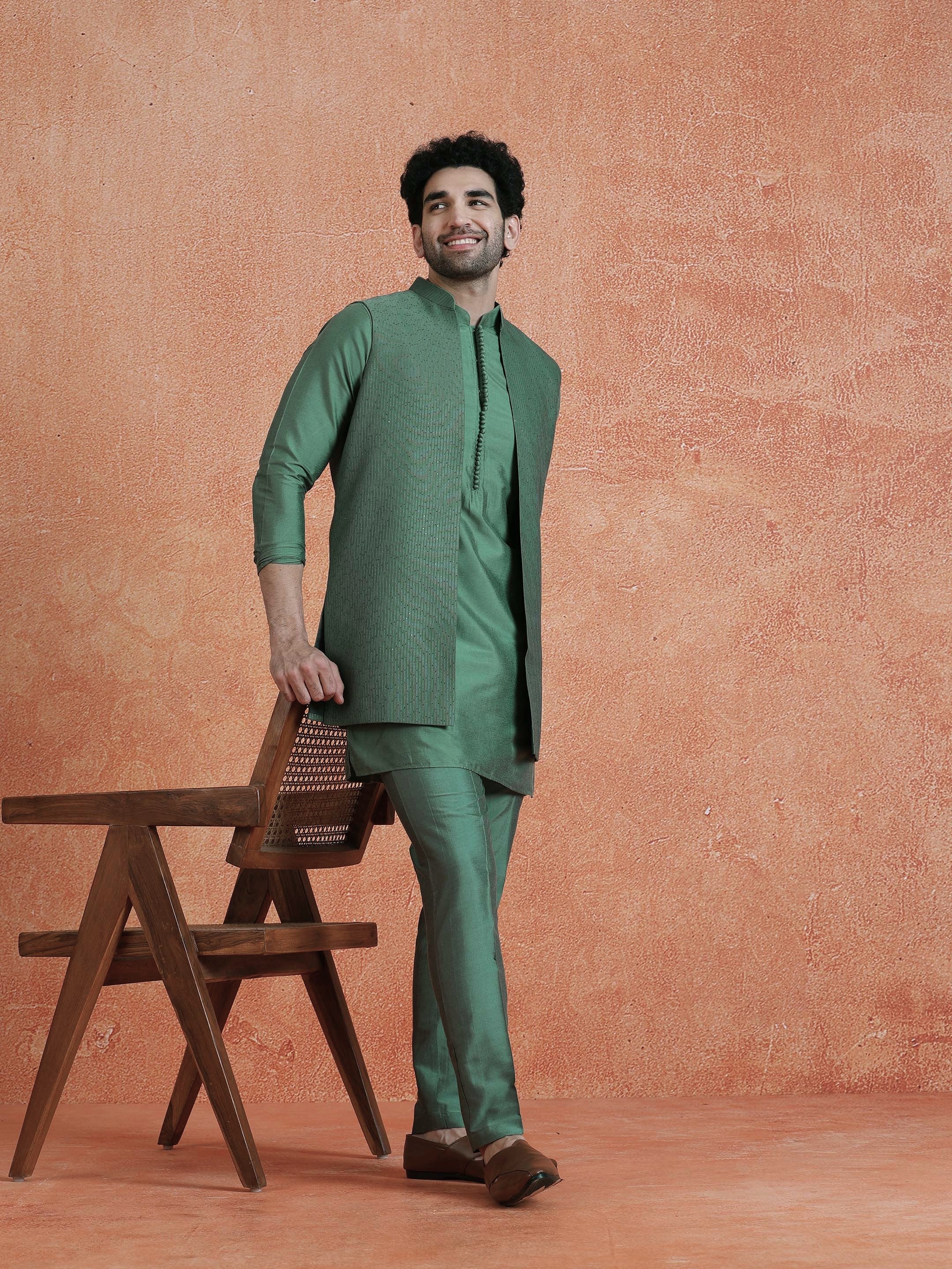 Green Silk Blend Embellished Mid Kurta Front Open Long Jacket Trouser Set