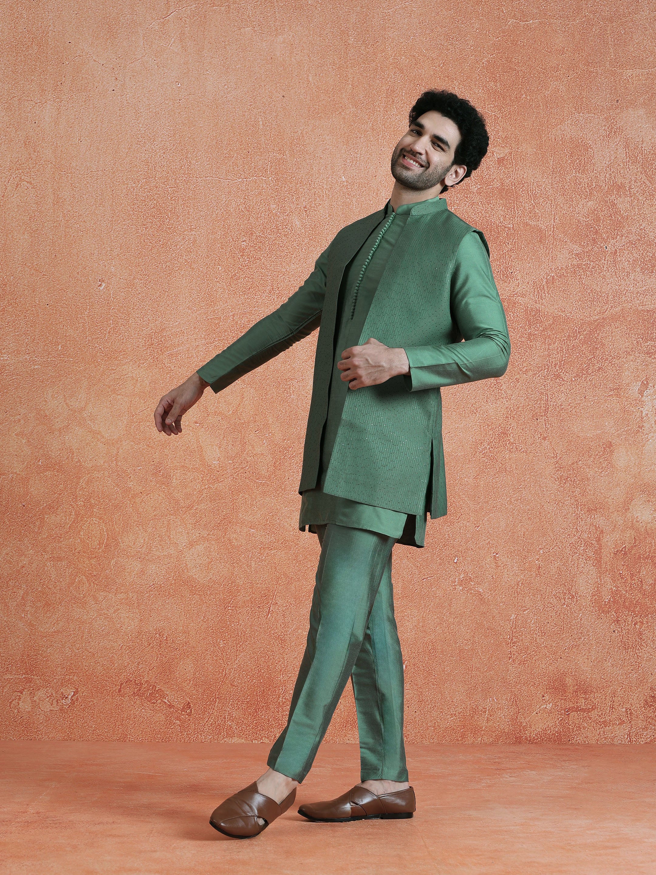 Green Silk Blend Embellished Mid Kurta Front Open Long Jacket Trouser Set - Image 2