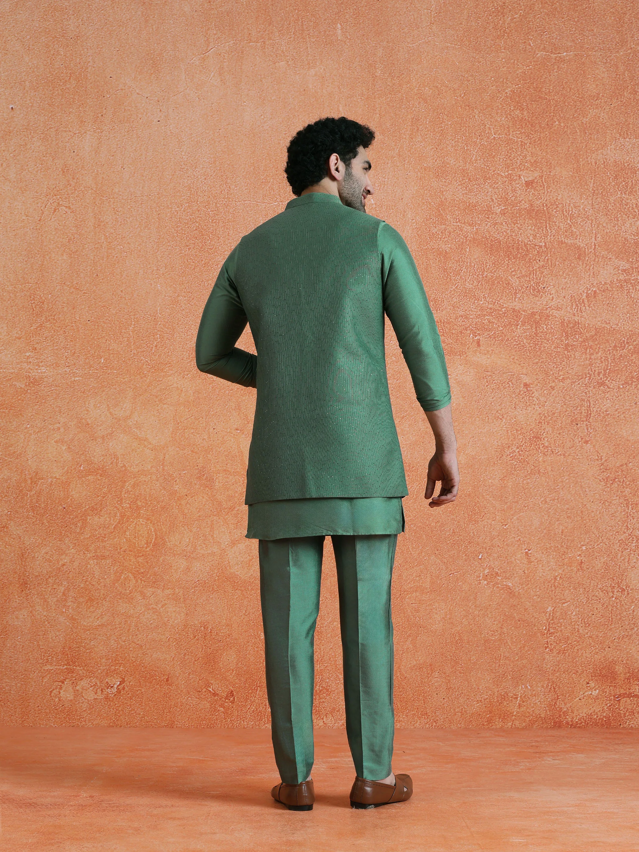 Green Silk Blend Embellished Mid Kurta Front Open Long Jacket Trouser Set - Image 4