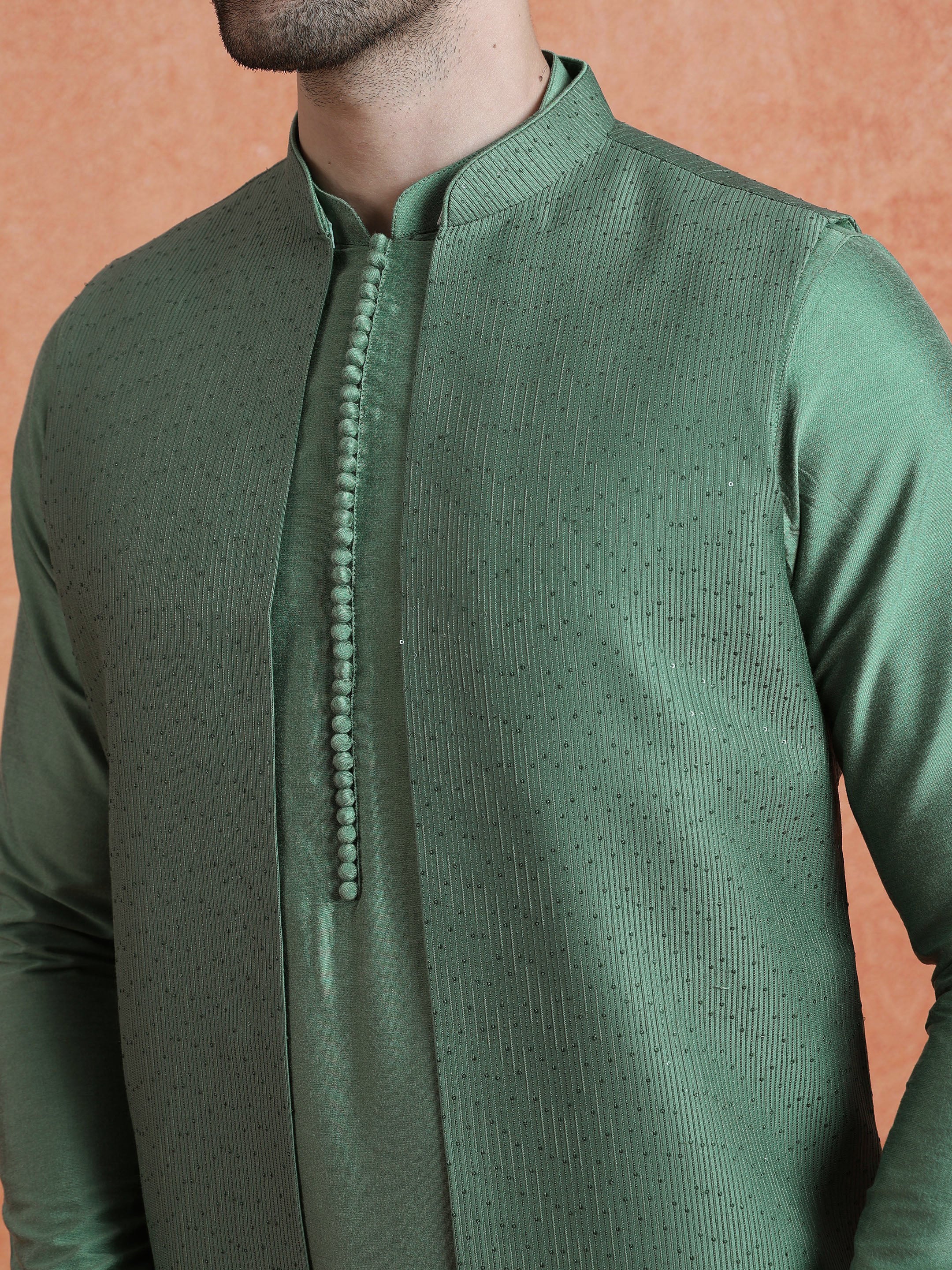 Green Silk Blend Embellished Mid Kurta Front Open Long Jacket Trouser Set - Image 5