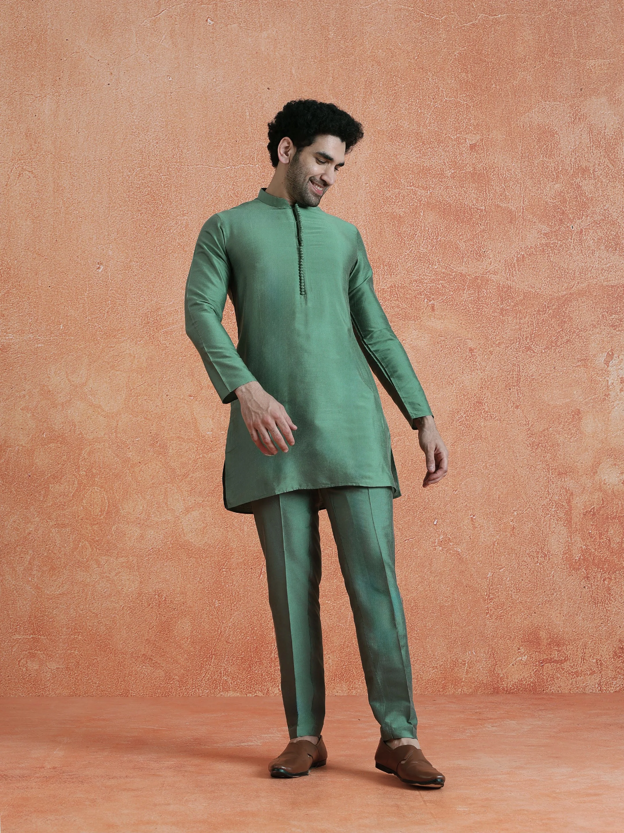 Green Silk Blend Embellished Mid Kurta Front Open Long Jacket Trouser Set - Image 7