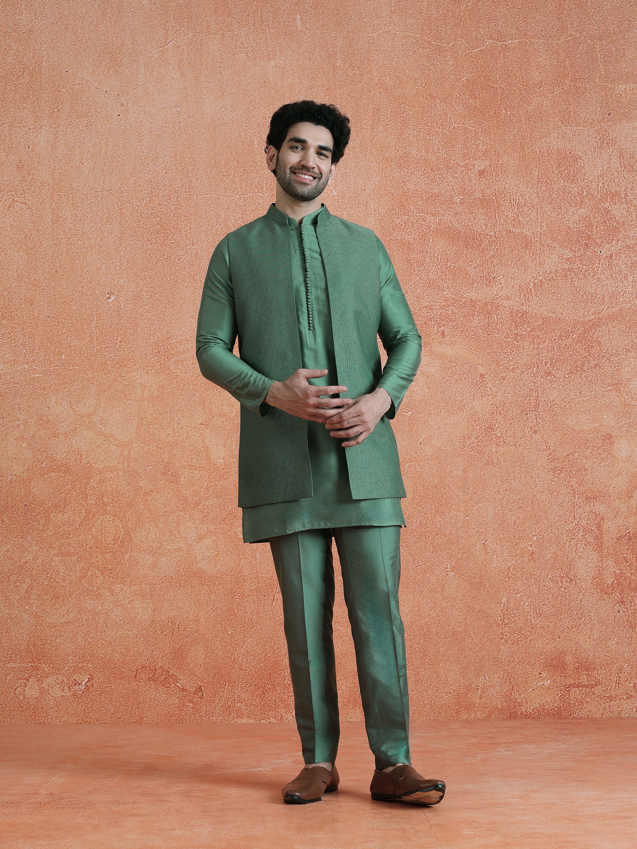 Green Silk Blend Embellished Mid Kurta Front Open Long Jacket Trouser Set - Image 8