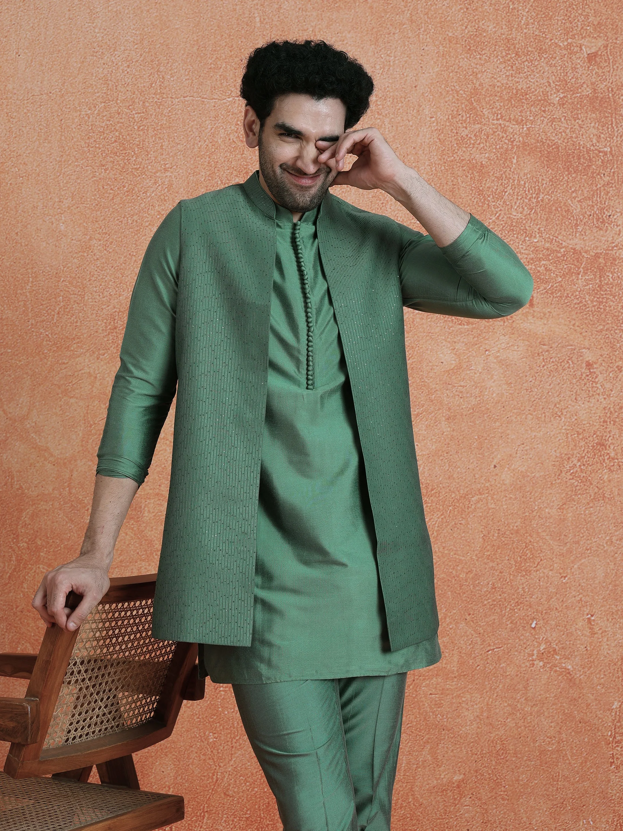 Green Silk Blend Embellished Mid Kurta Front Open Long Jacket Trouser Set - Image 9