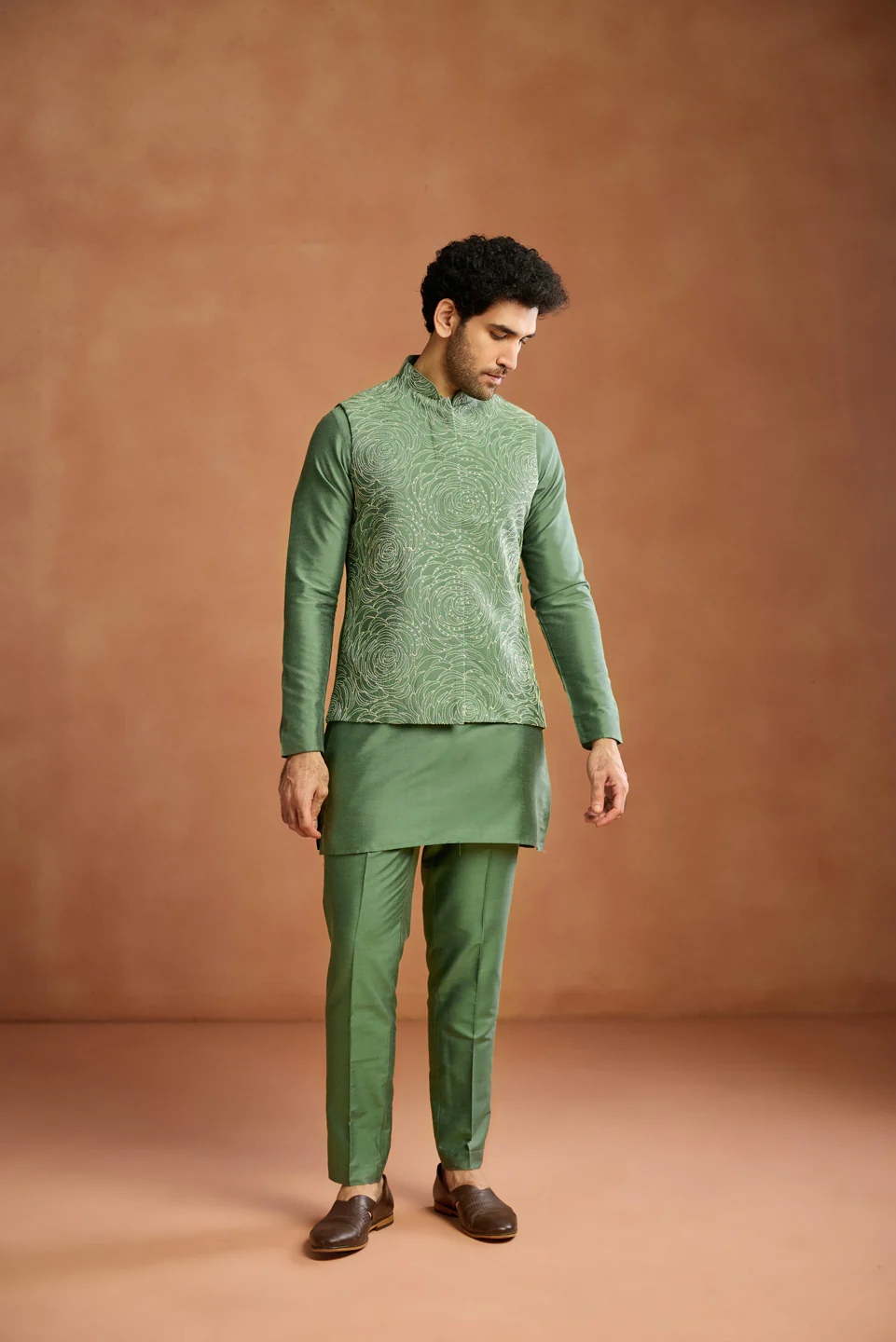 Green Silk Blend Embroidered Jacket Kurta Trouser Set - Image 2