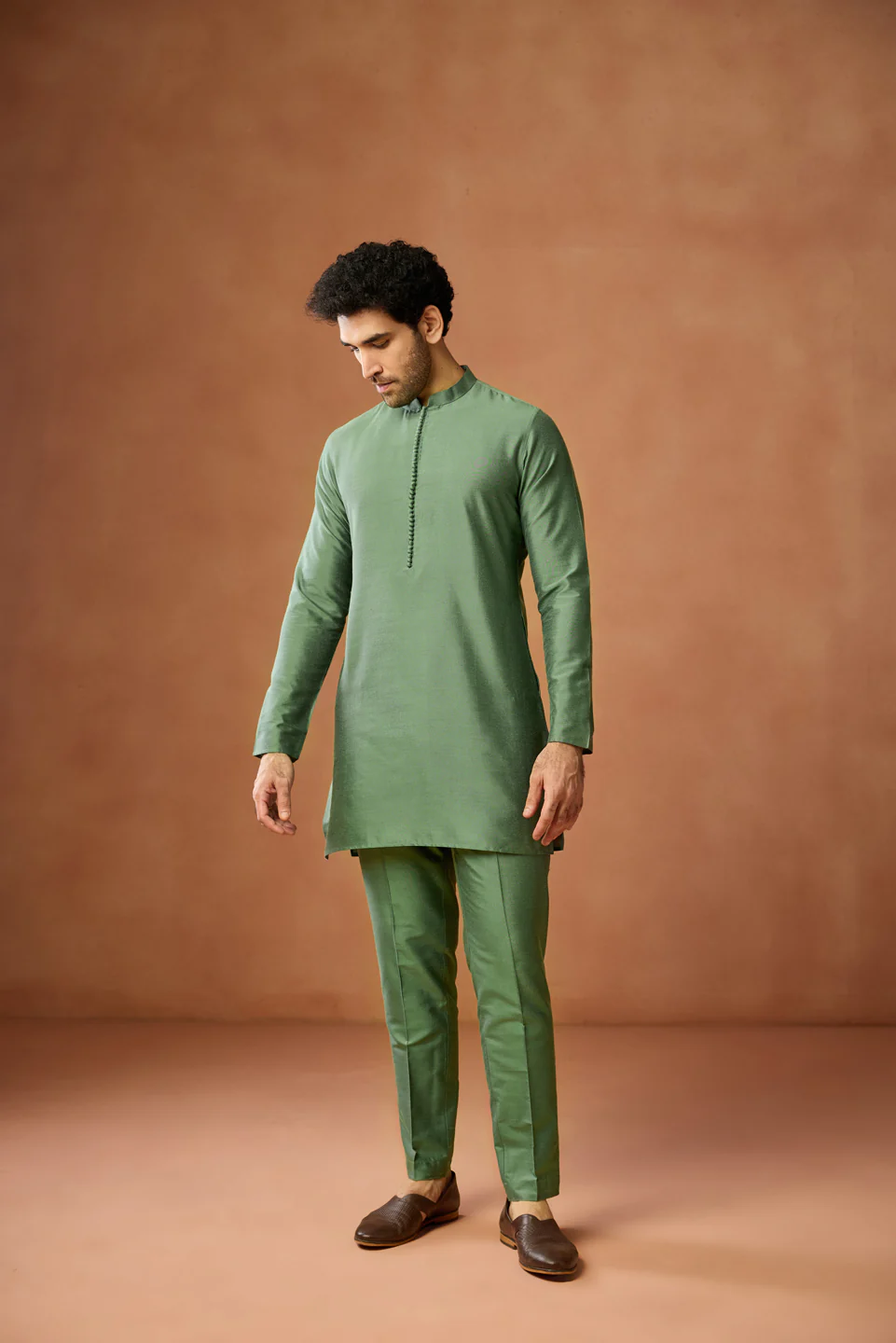 Green Silk Blend Embroidered Jacket Kurta Trouser Set - Image 6