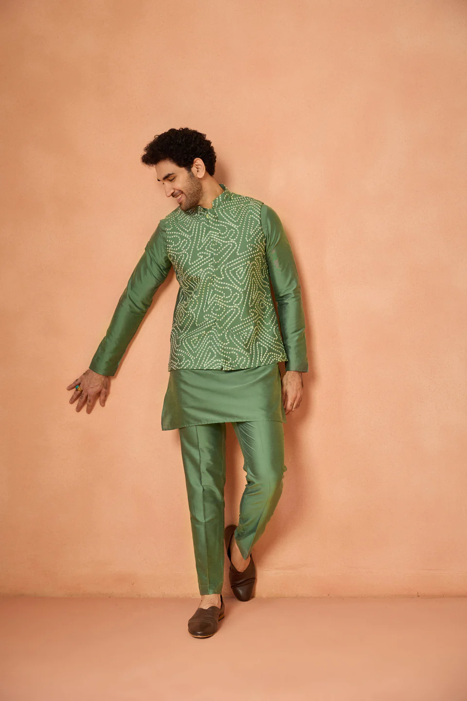 Green Silk Blend Embroidered Jacket Kurta Trouser Set
