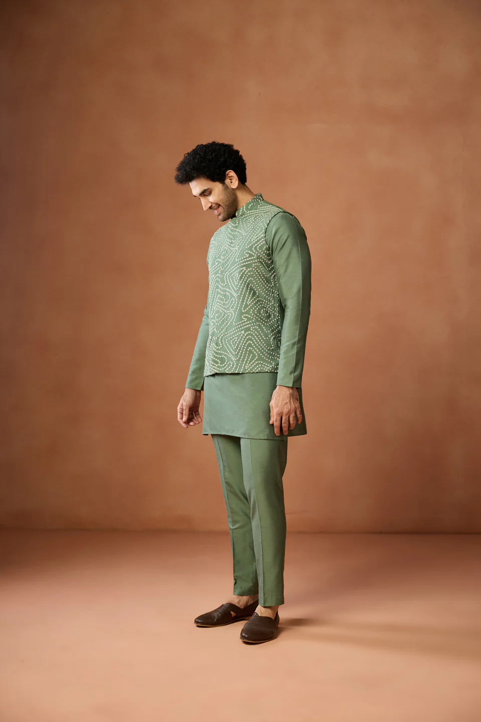 Green Silk Blend Embroidered Jacket Kurta Trouser Set - Image 2