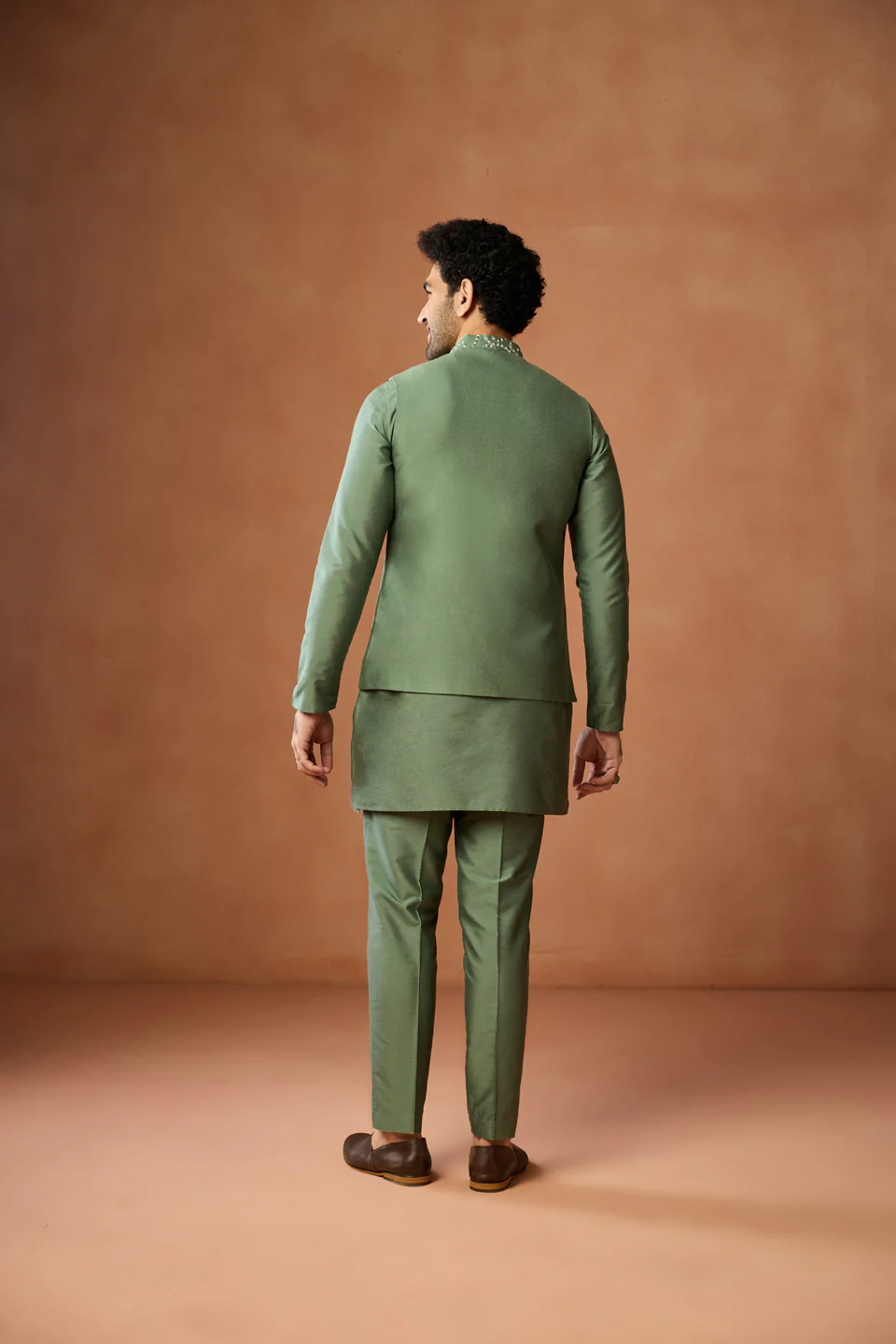 Green Silk Blend Embroidered Jacket Kurta Trouser Set - Image 4