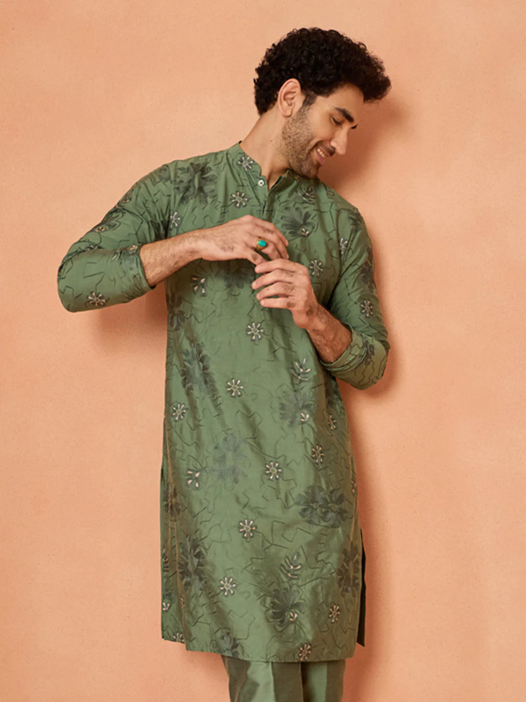 Green Silk Blend Embroidered Kurta Trouser Set - Image 8