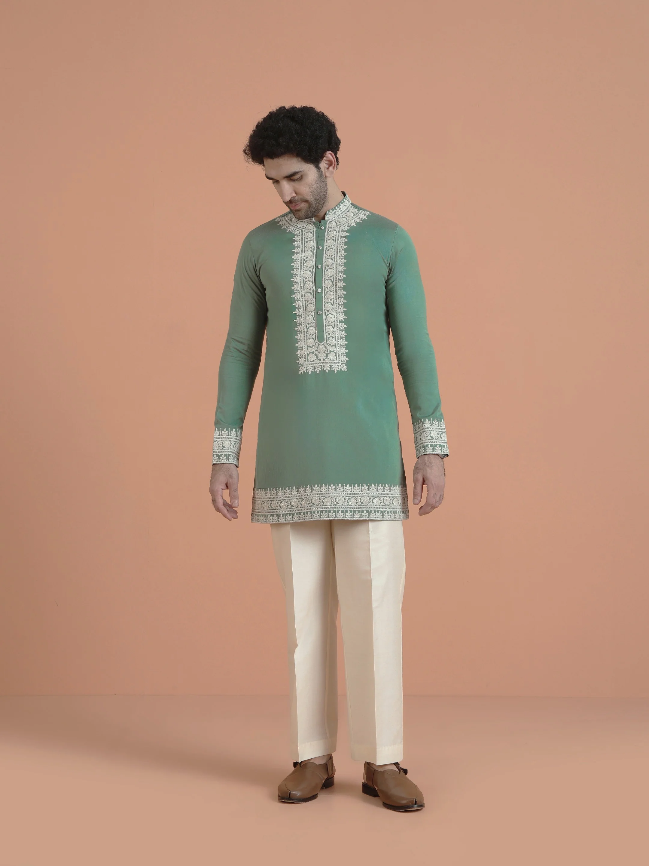 Green Silk Blend Embroidered Mid Kurta Wide Leg Trouser Set - Image 7
