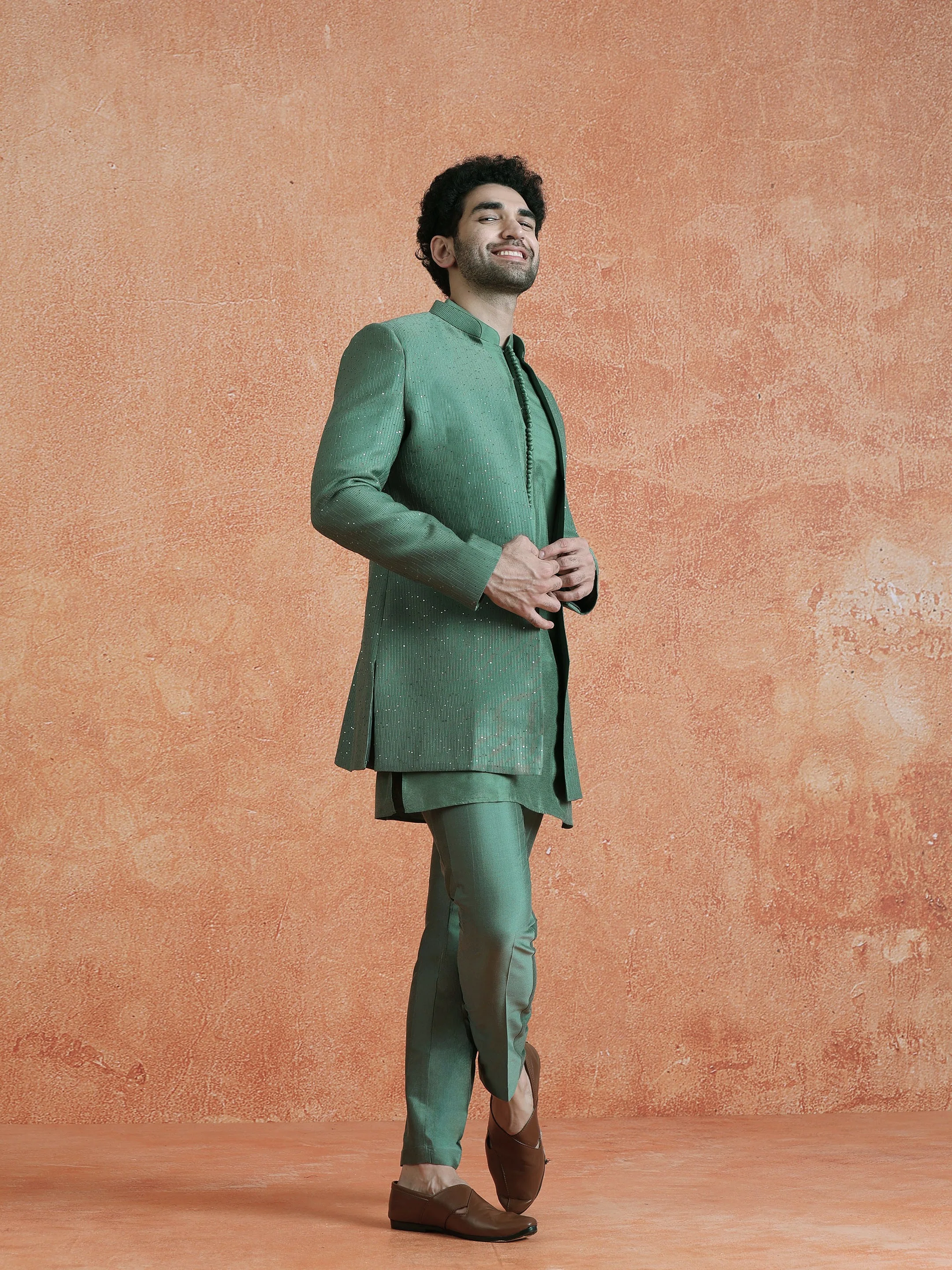 Green Silk Blend Jacquard Mid Kurta Front Open Sherwani Trouser Set - Image 2