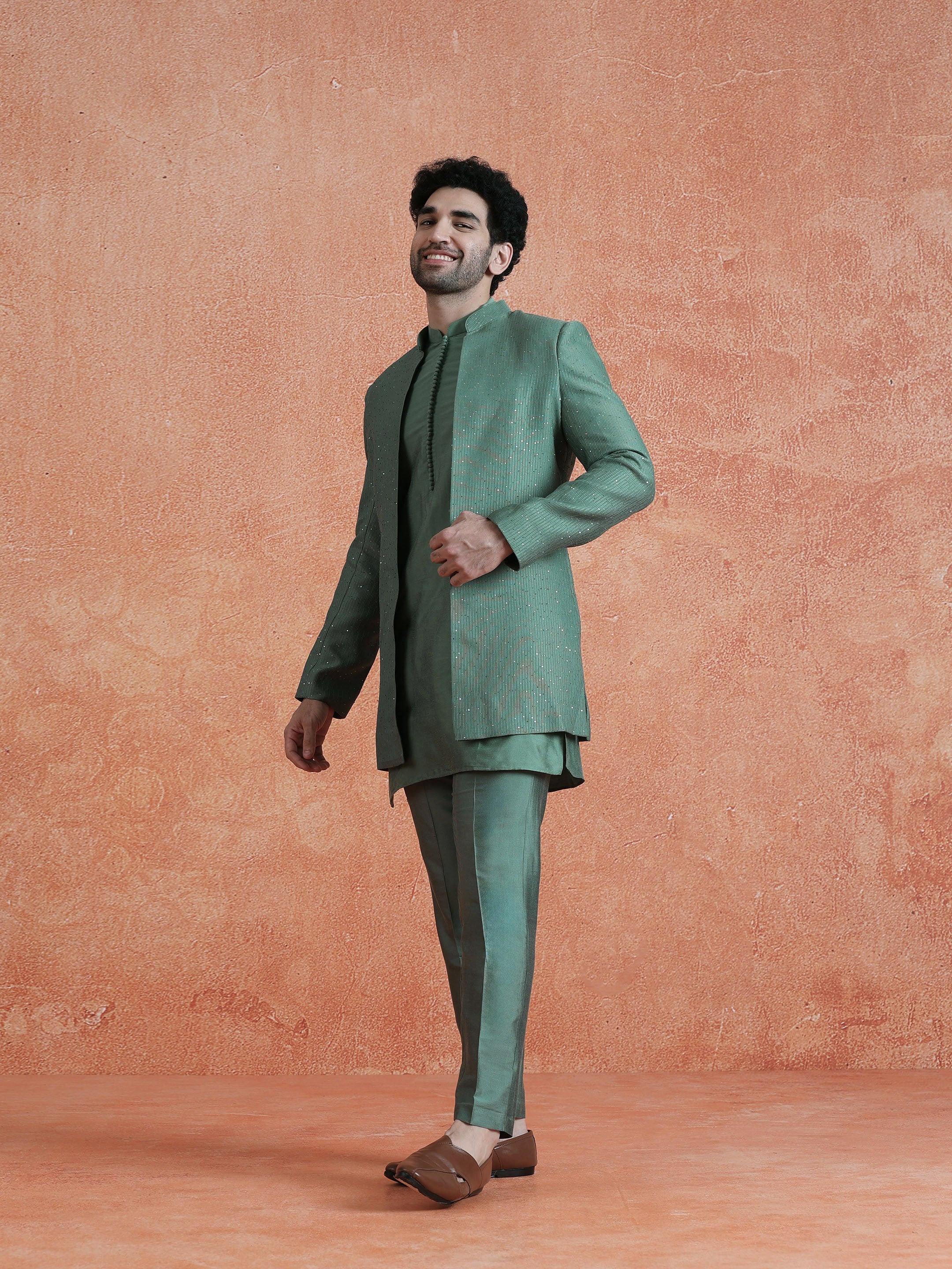 Green Silk Blend Jacquard Mid Kurta Front Open Sherwani Trouser Set - Image 3