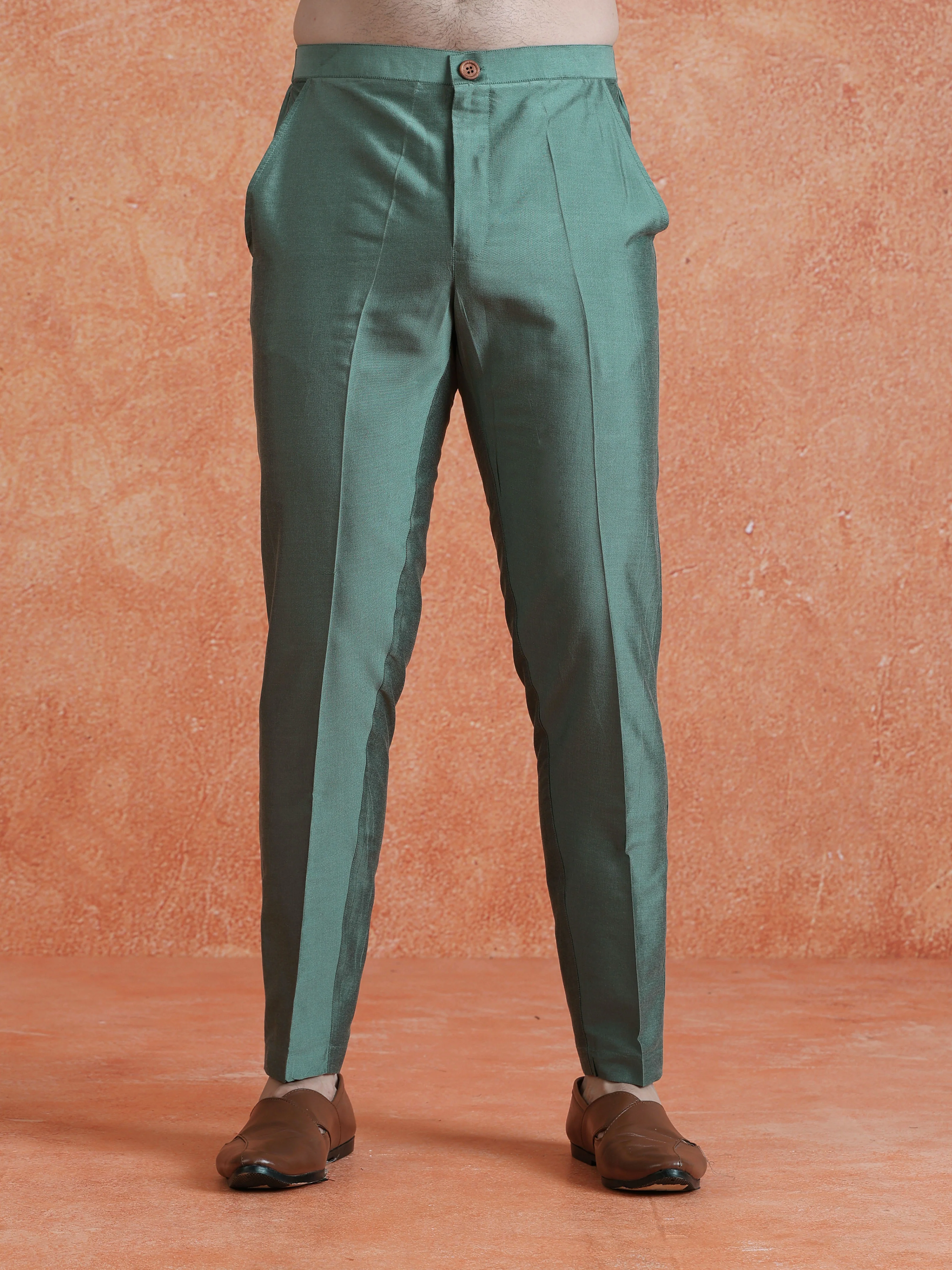 Green Silk Blend Jacquard Mid Kurta Front Open Sherwani Trouser Set - Image 6