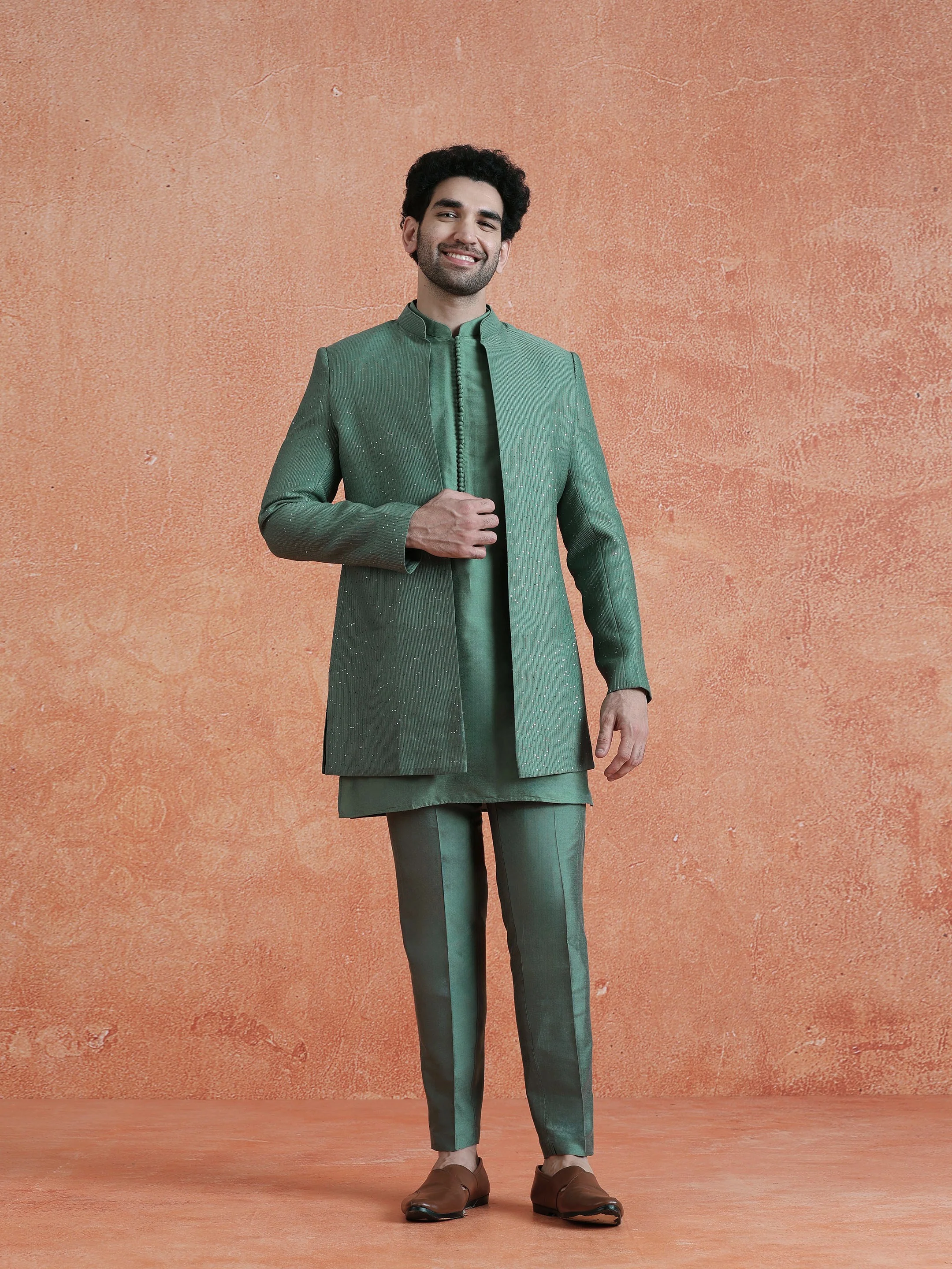 Green Silk Blend Jacquard Mid Kurta Front Open Sherwani Trouser Set - Image 8