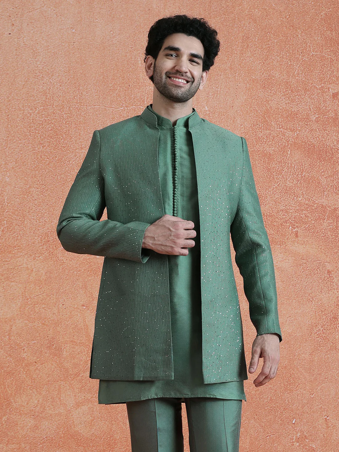 Green Silk Blend Jacquard Mid Kurta Front Open Sherwani Trouser Set - Image 9