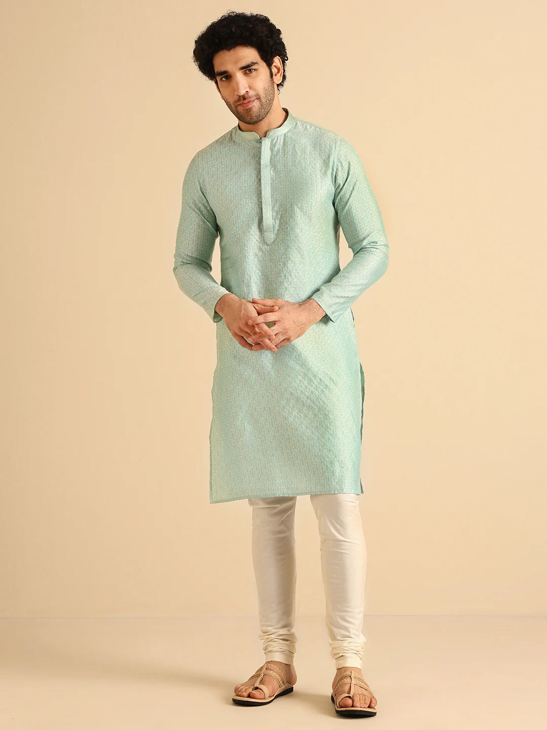 Green Silk Blend Textured Kurta Churidar Set - Image 8
