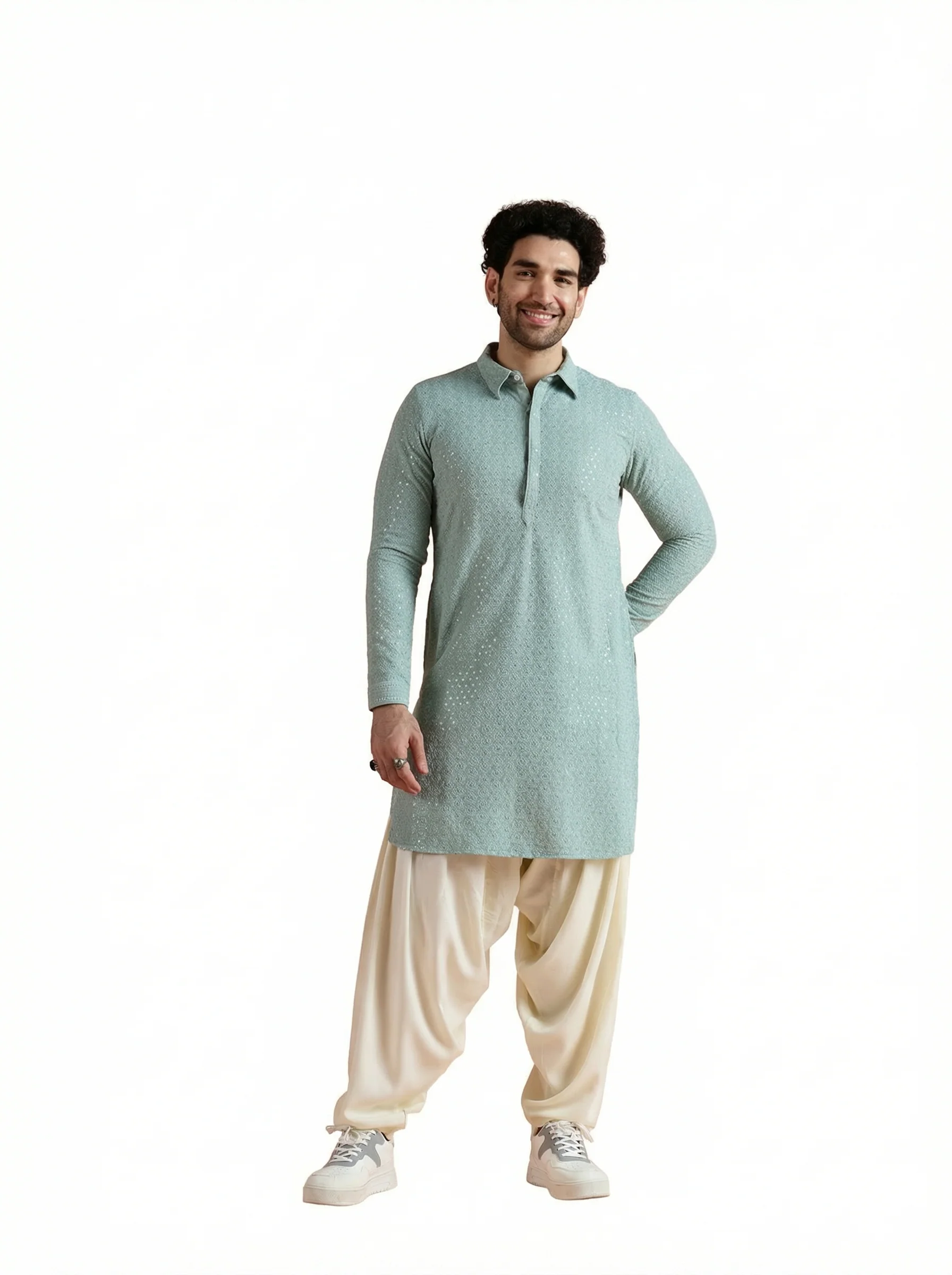 Green Viscose Embellished Pathani Kurta Patiyala Set - Image 12