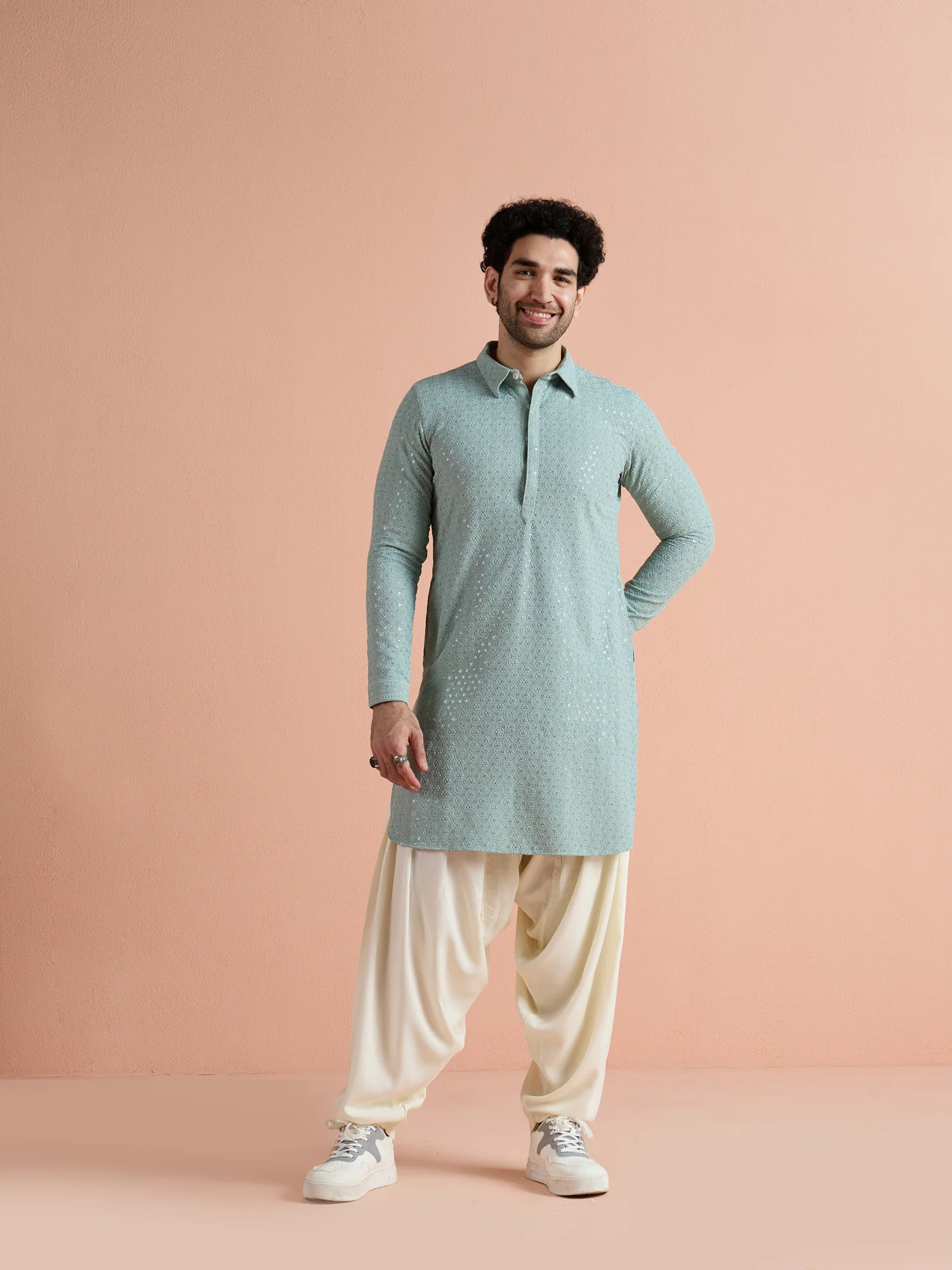Green Viscose Embellished Pathani Kurta Patiyala Set - Image 2