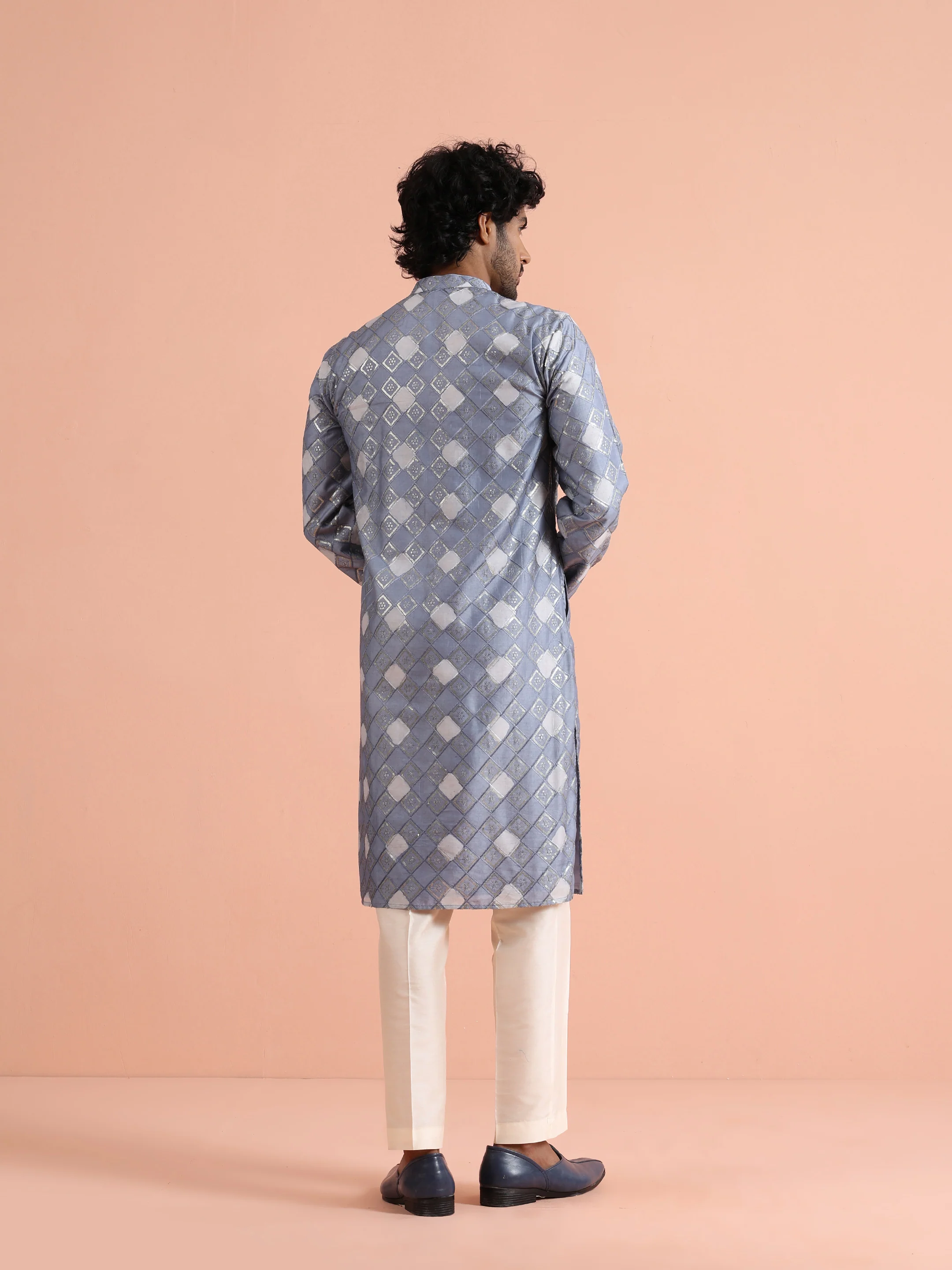 Grey Blue Chanderi Metallic Kurta Trouser Set - Image 5