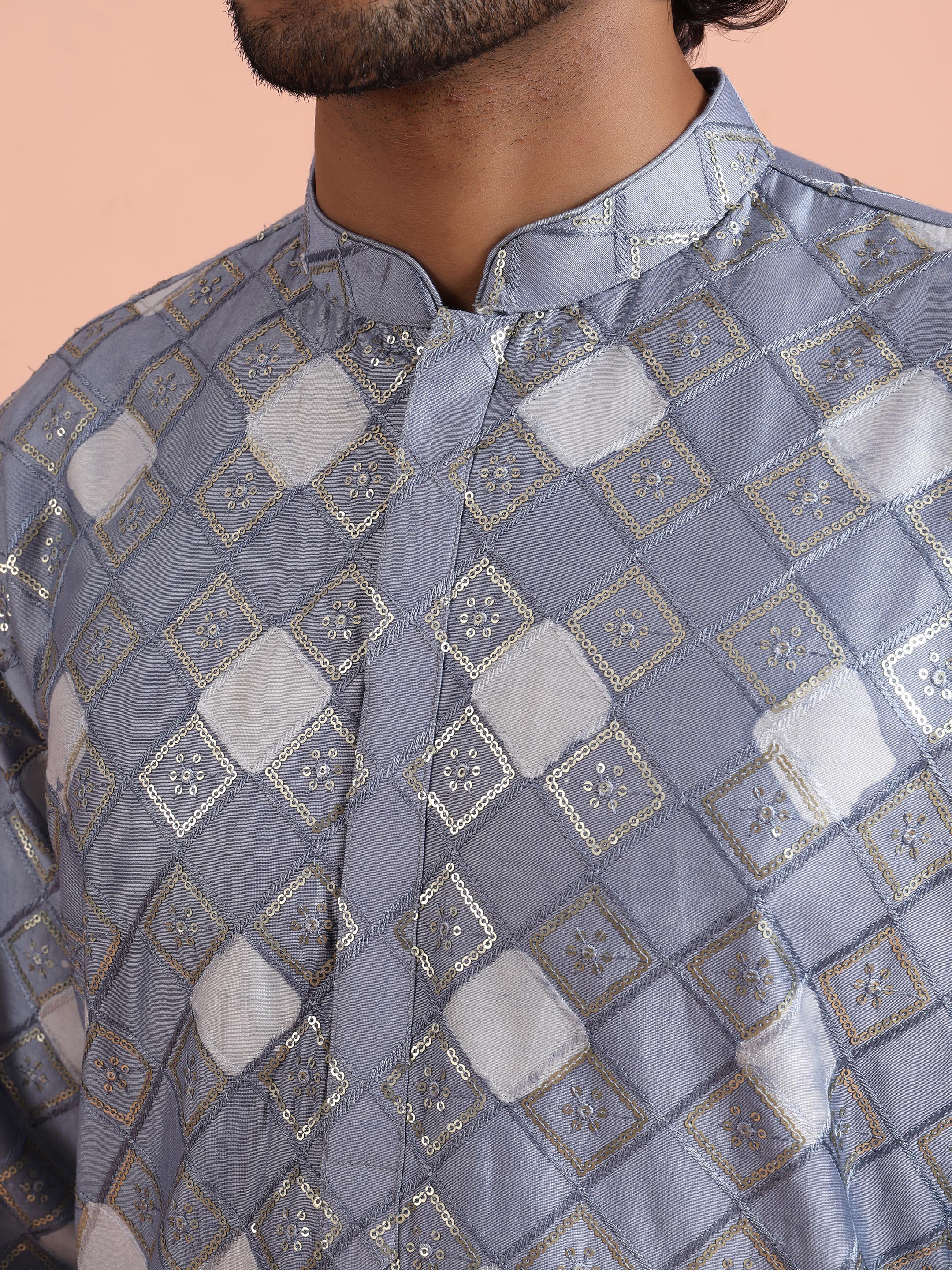 Grey Blue Chanderi Metallic Kurta Trouser Set - Image 6
