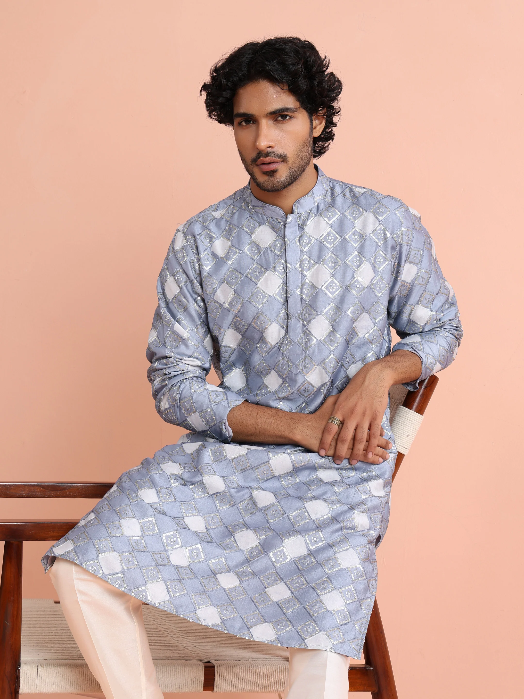 Grey Blue Chanderi Metallic Kurta Trouser Set - Image 8
