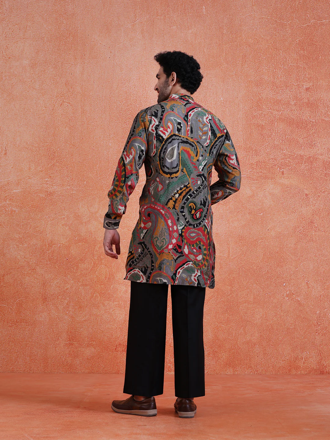 Grey Cotton Blend Printed Mid Kurta Wide Leg Trouser Set - Image 4