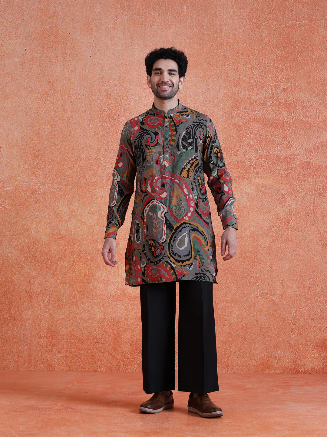 Grey Cotton Blend Printed Mid Kurta Wide Leg Trouser Set - Image 9