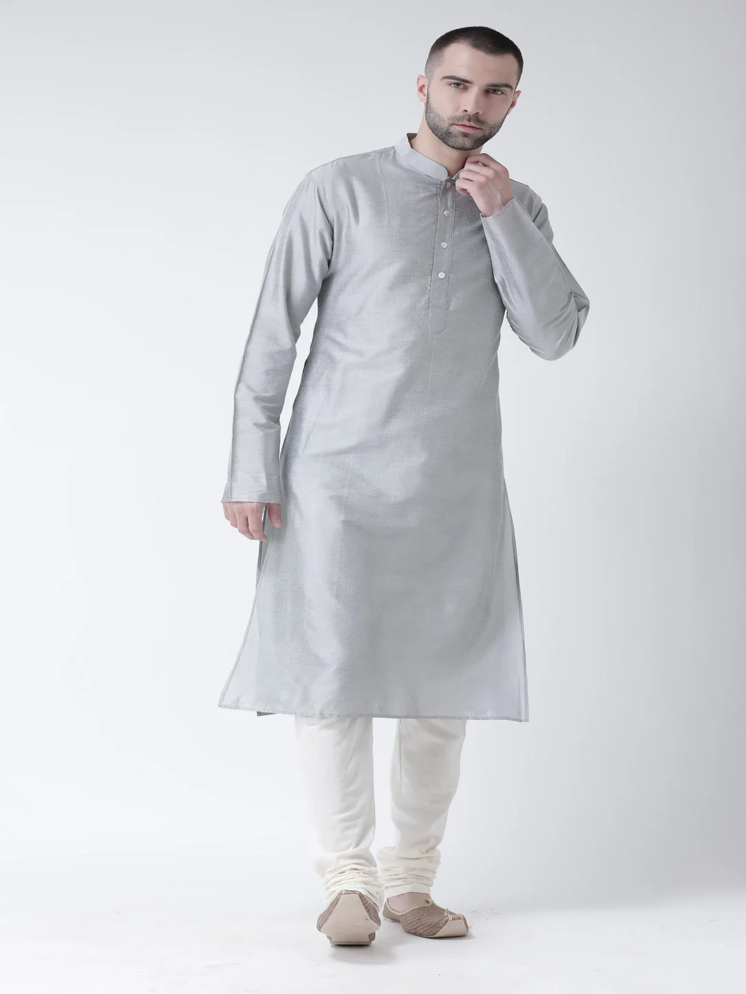 Grey Cotton Silk Plain Kurta - Image 3