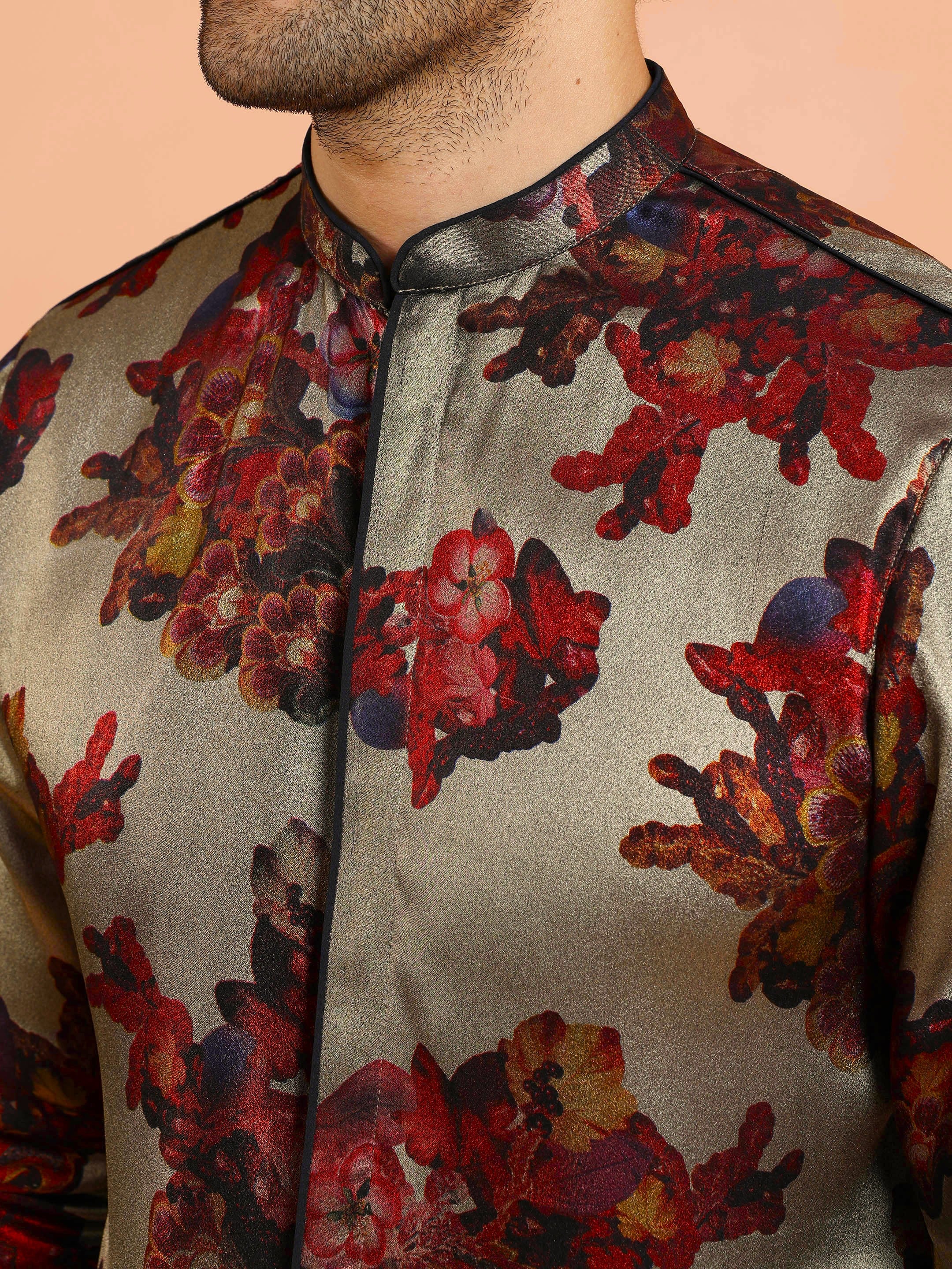 Grey Floral Silk Blend Kurta Set - Image 5