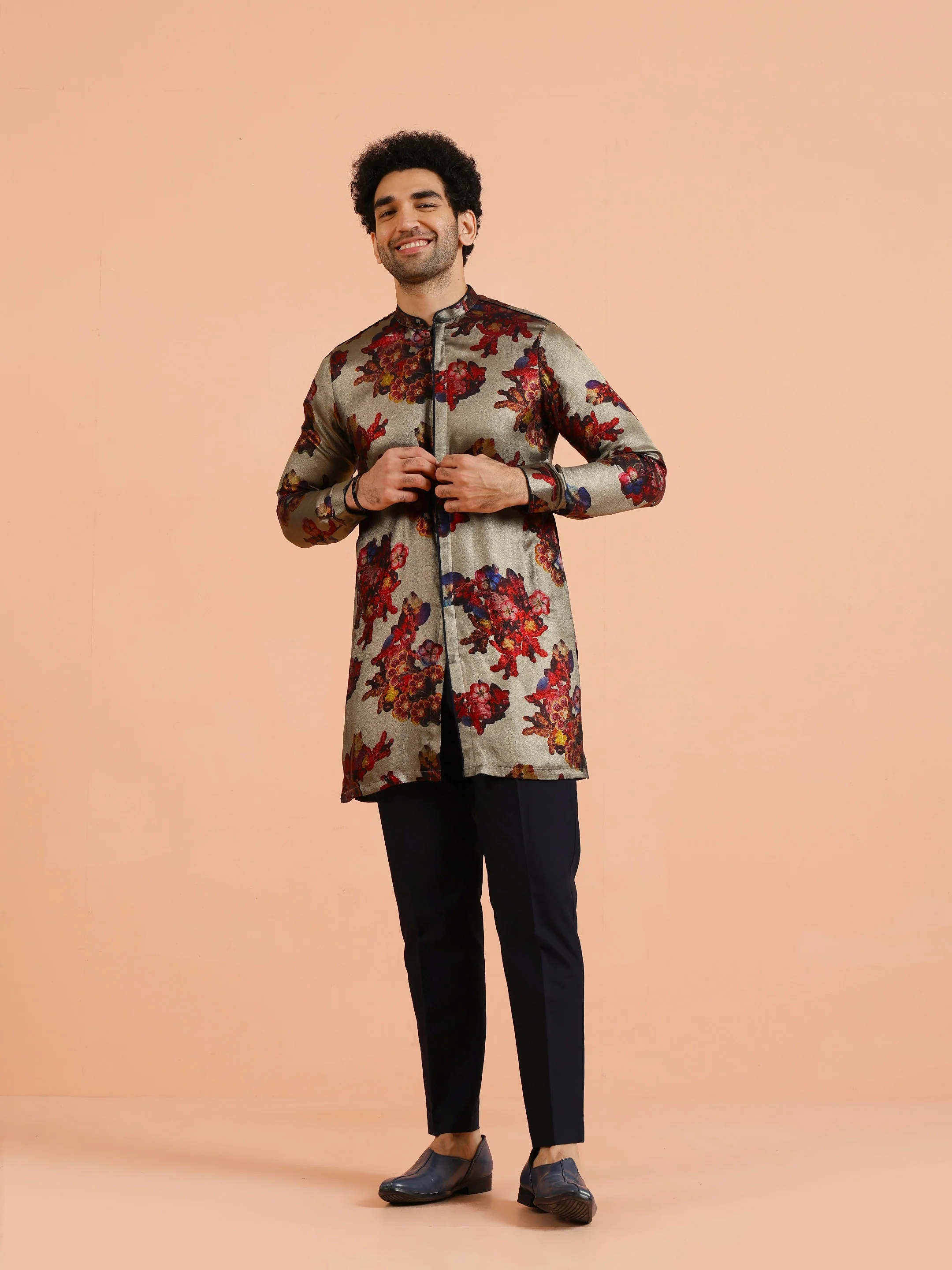 Grey Floral Silk Blend Kurta Set - Image 8