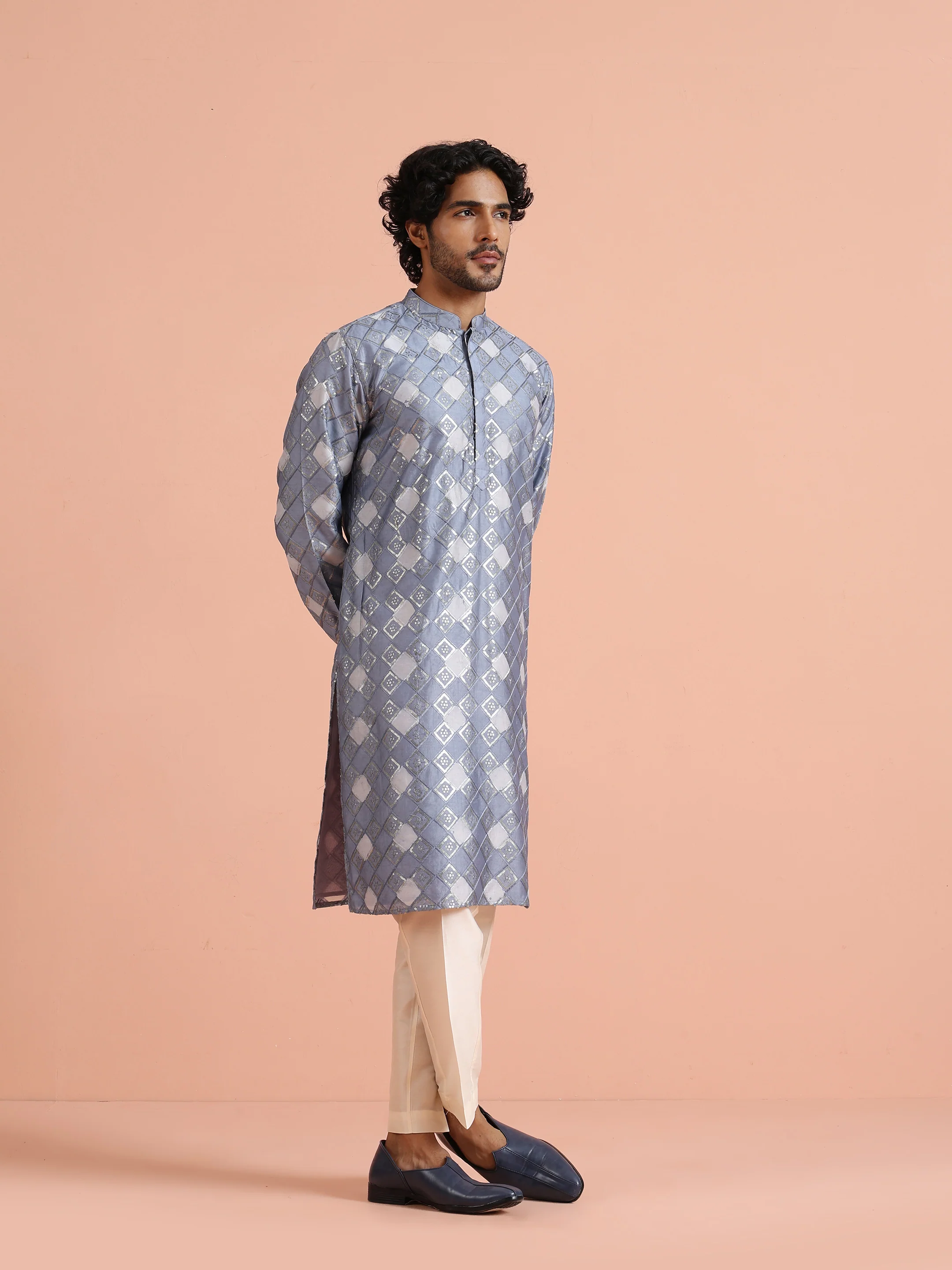 Grey Geometric Jacquard Kurta - Image 4