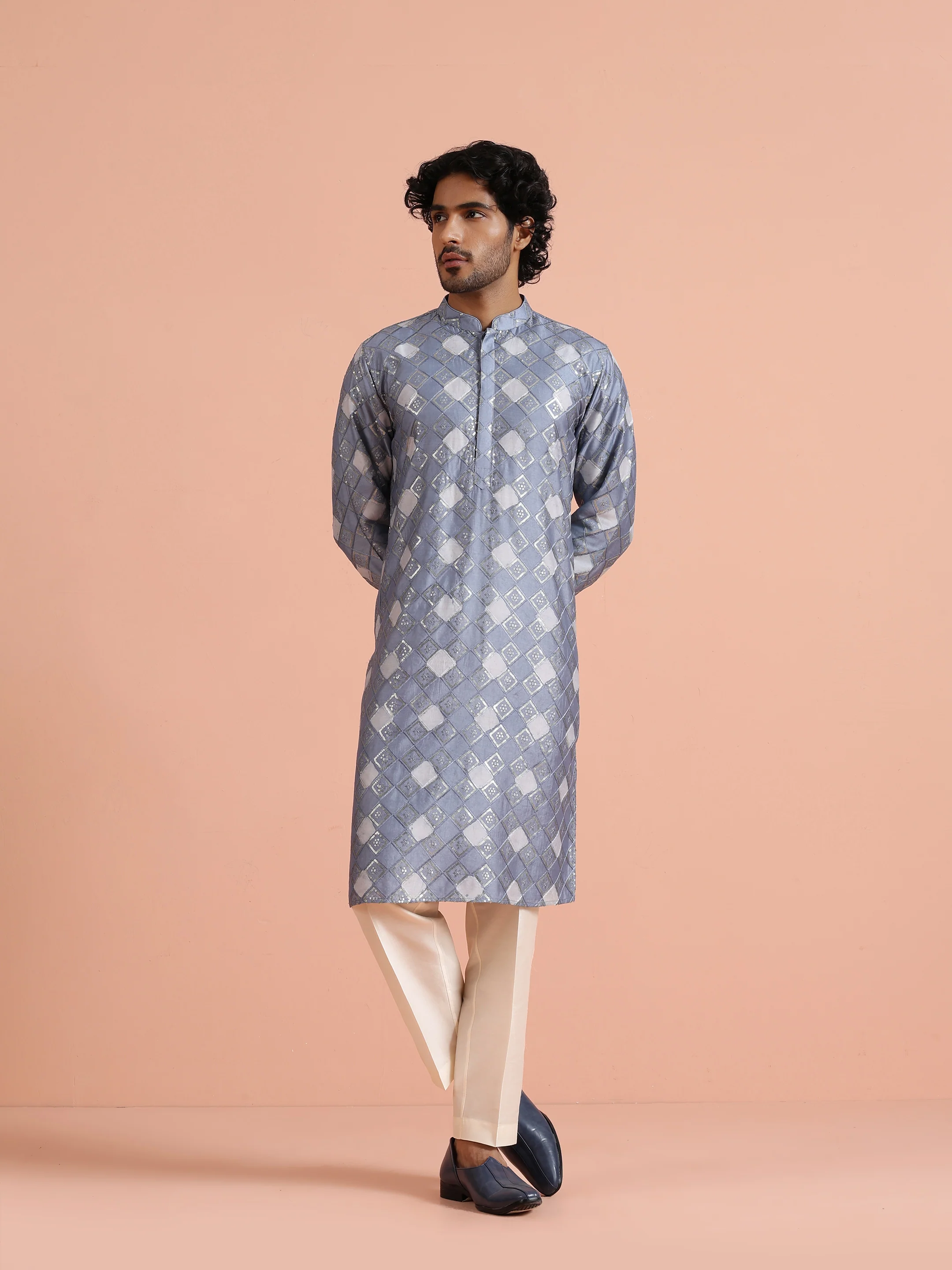 Grey Geometric Jacquard Kurta - Image 7