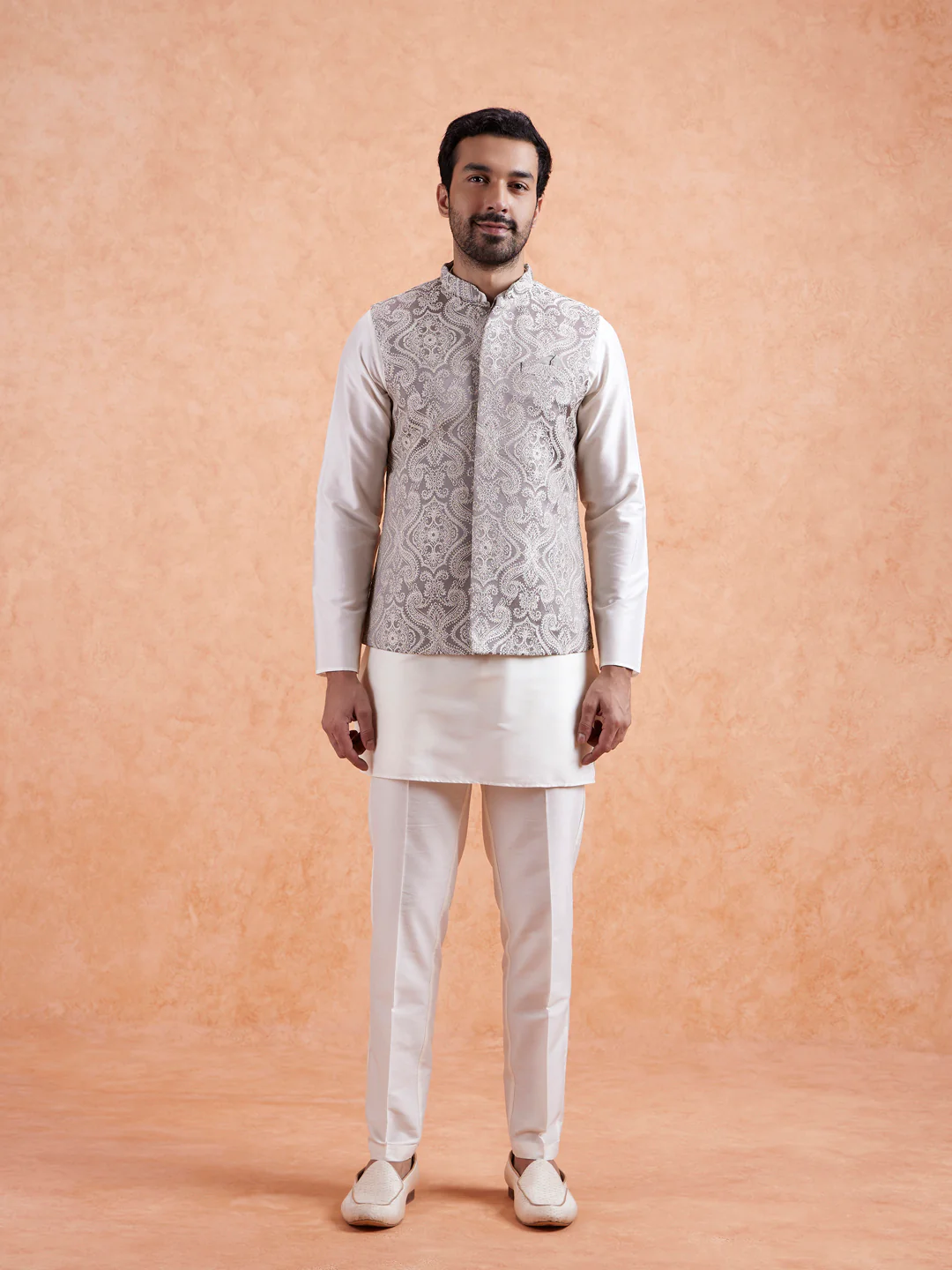 Cream Paisley Jacquard Kurta Jacket Set - Image 10