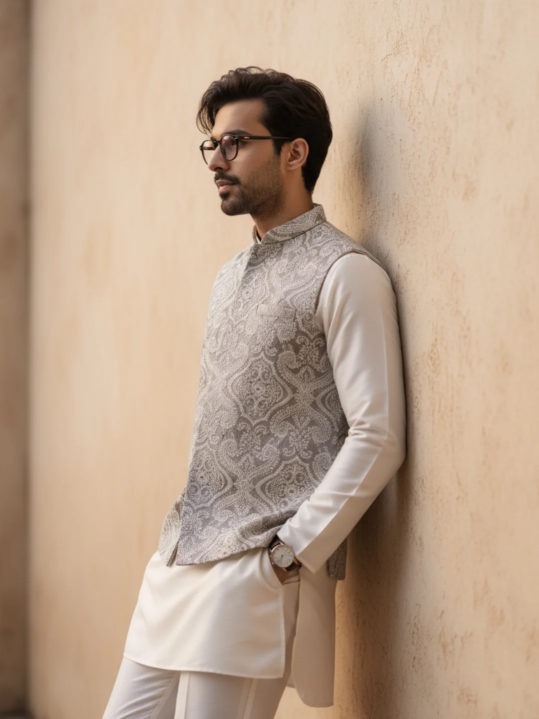 Cream Paisley Jacquard Kurta Jacket Set - Image 11