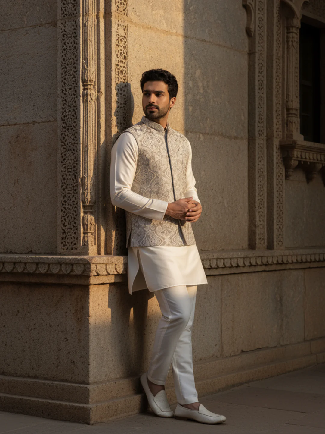 Cream Paisley Jacquard Kurta Jacket Set - Image 2