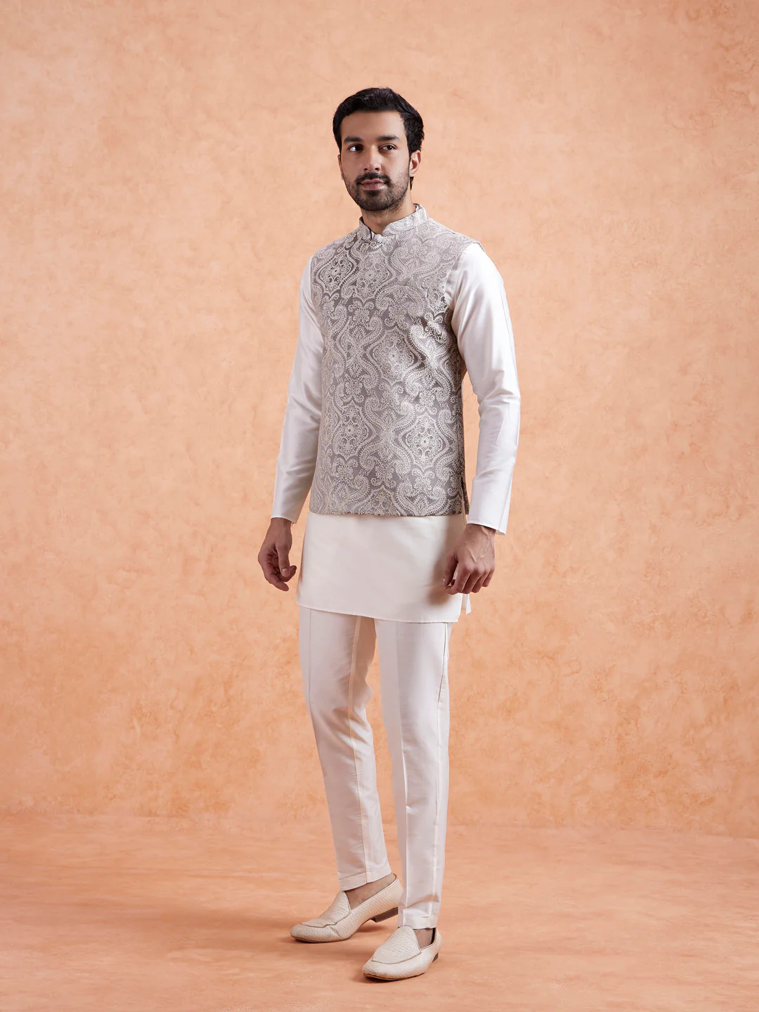 Cream Paisley Jacquard Kurta Jacket Set - Image 3