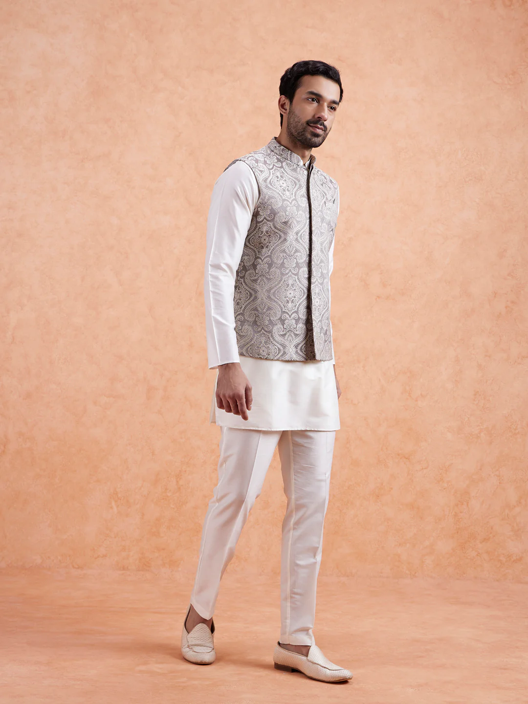 Cream Paisley Jacquard Kurta Jacket Set - Image 5